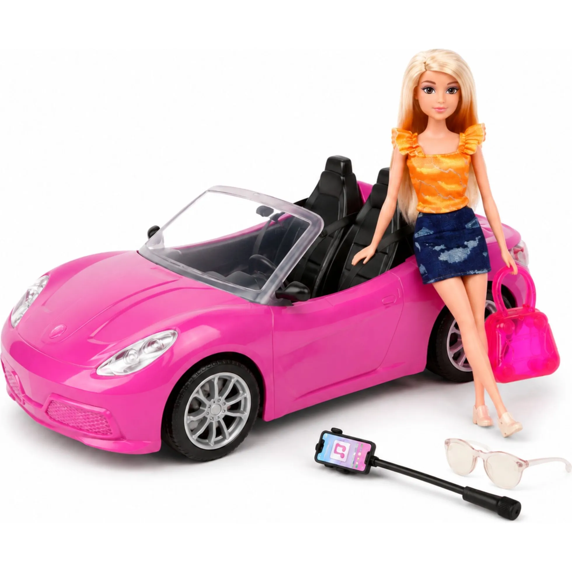 Anlily dukke i pink sportsvogn - 32 cm bil