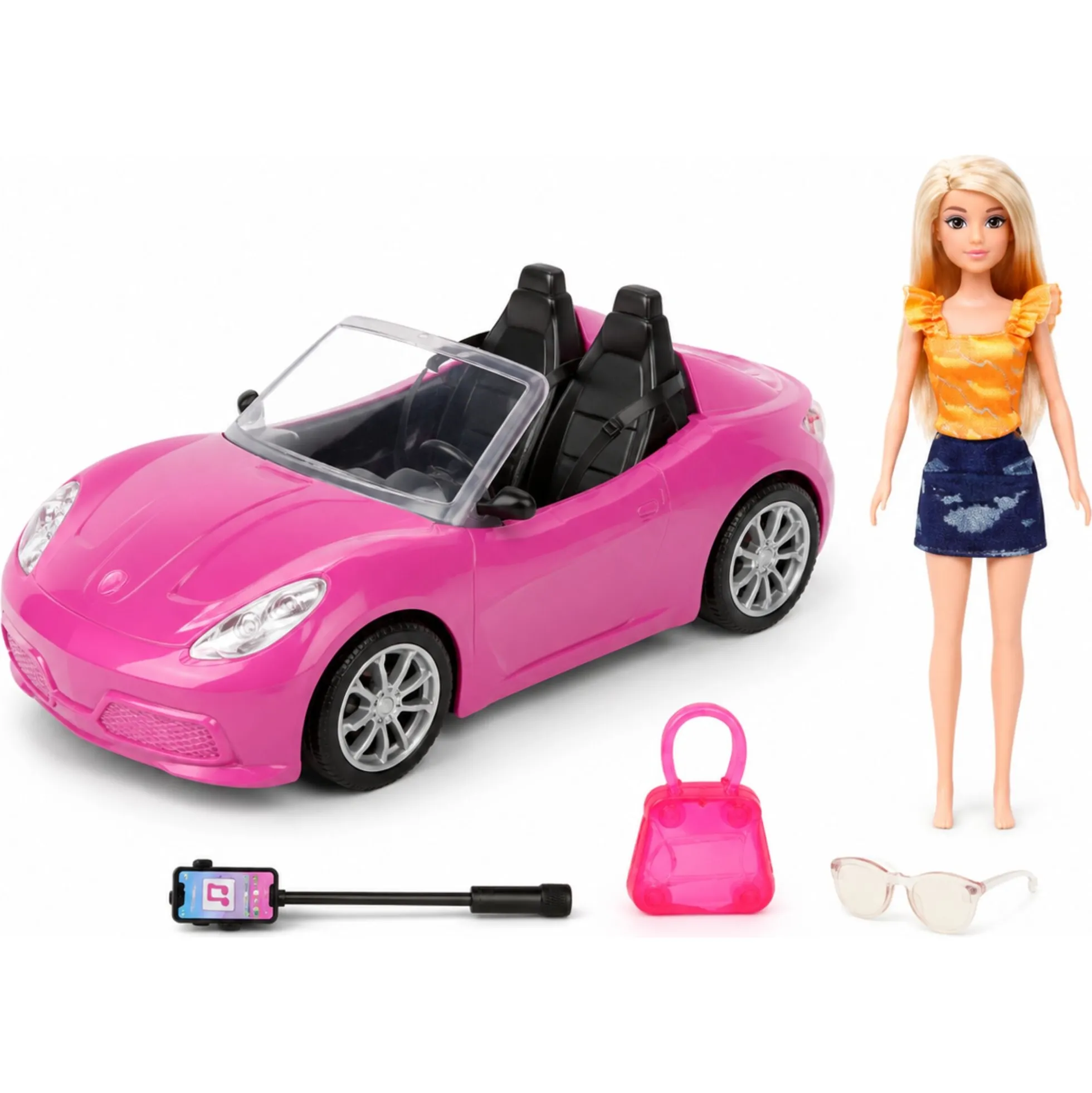 Anlily dukke i pink sportsvogn - 32 cm bil