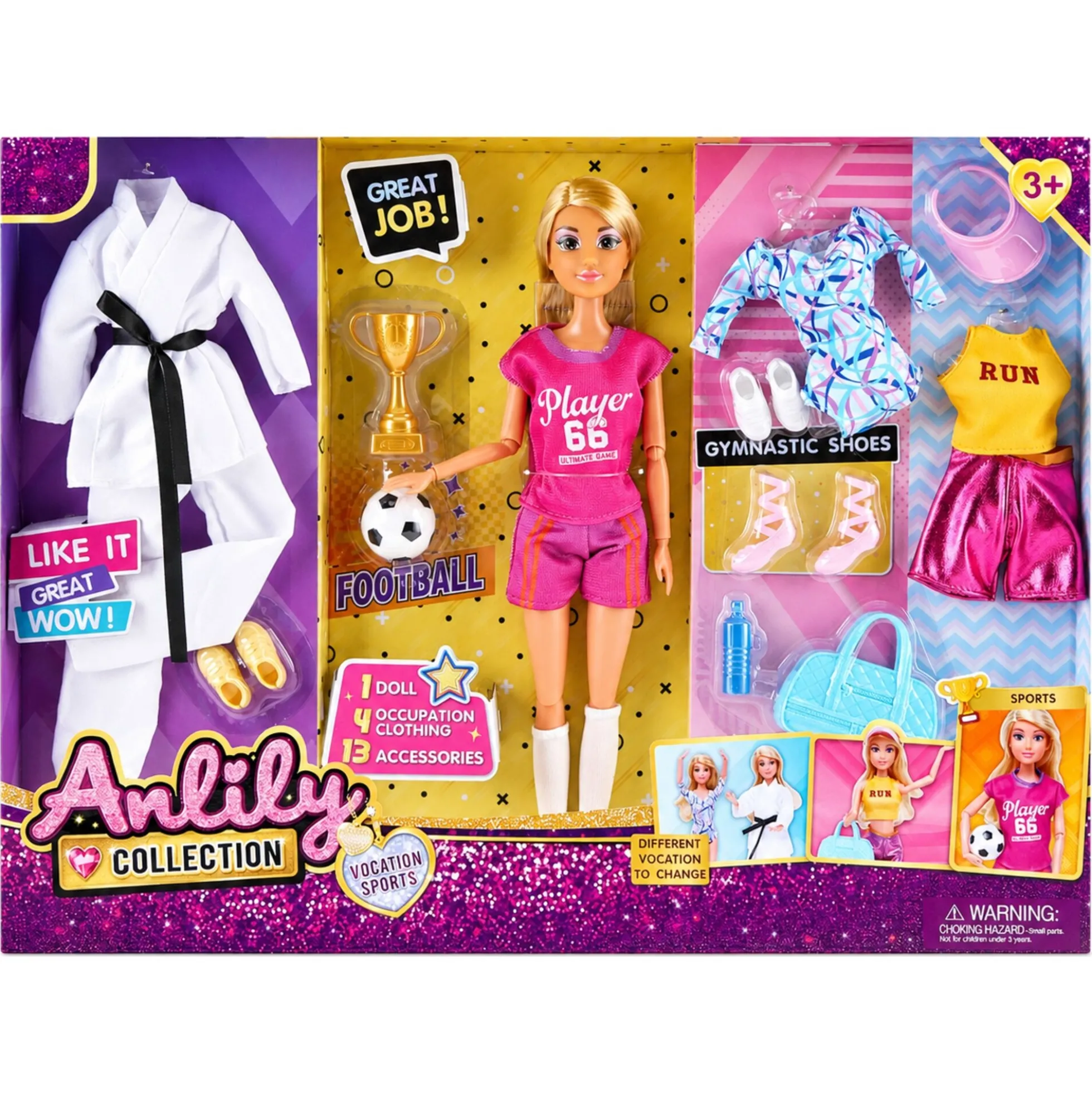 Anlily dukke med 4 sæt sportstøj - 13 accessories