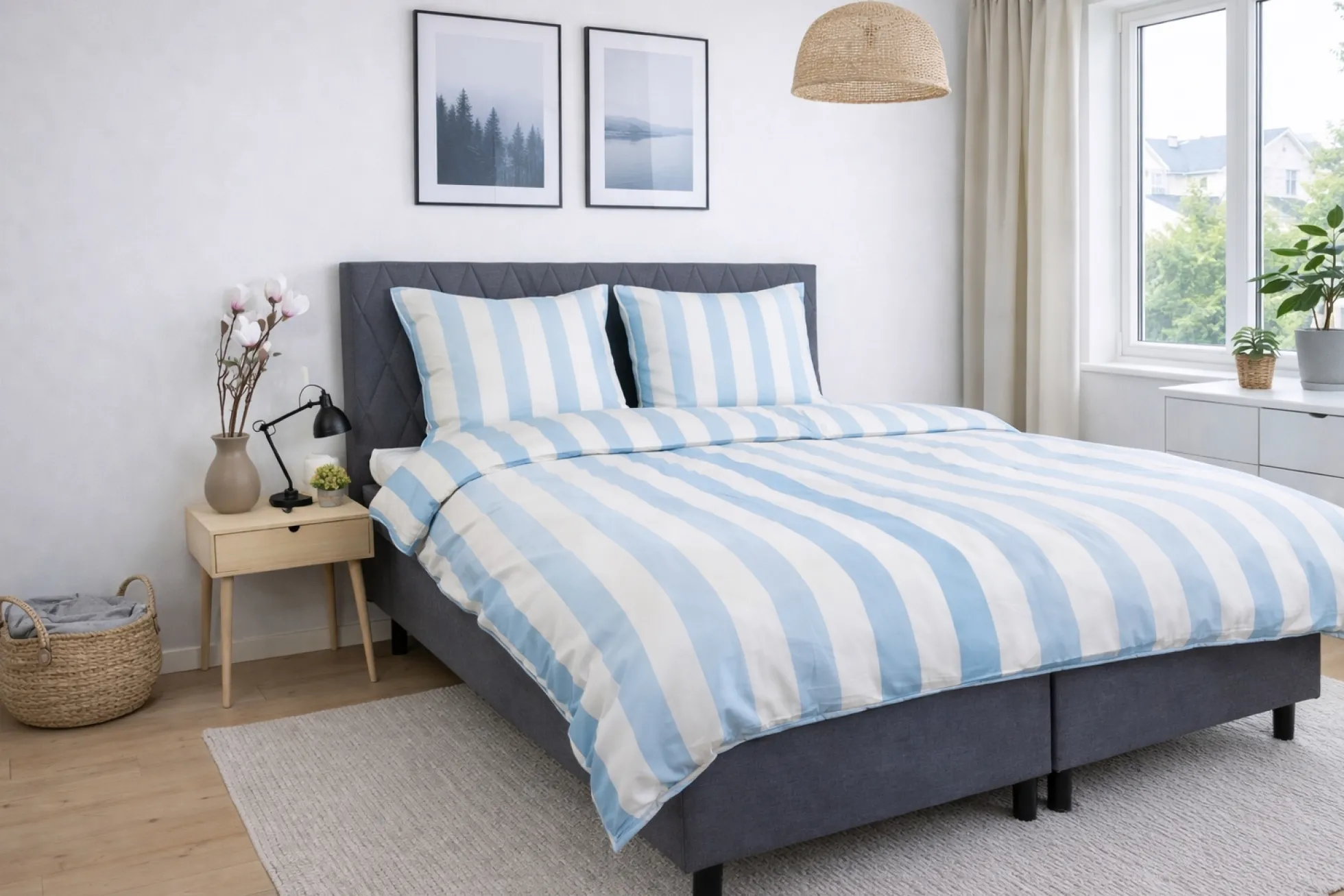 Bambus dobbelt sengetøj 240x220 cm - 100% bambus - Brede blå striber