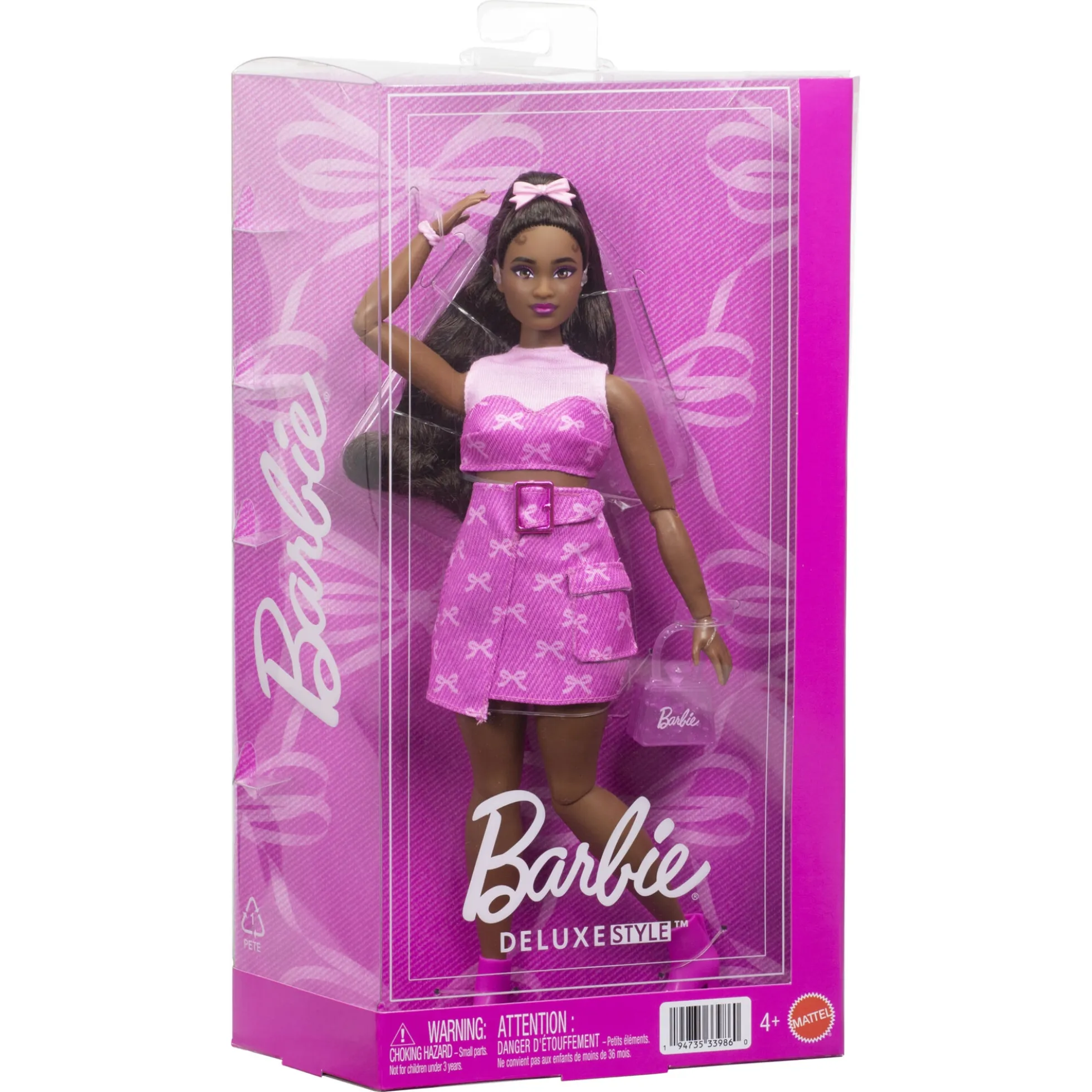 Barbie Deluxe Style mørk dukke - Pink denim nederdel og høreapperat - 30 cm