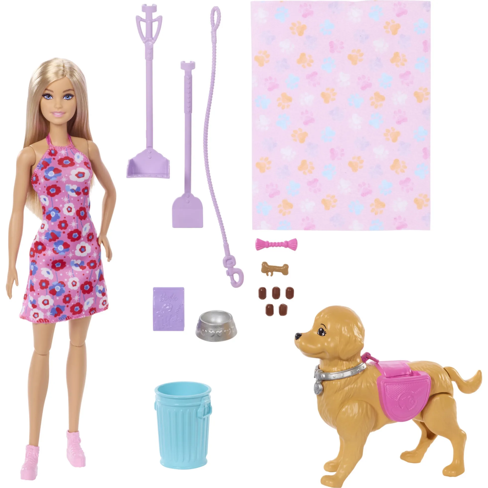 Barbie Malibu med hund der går og går på potte - 14 dele - 30 cm