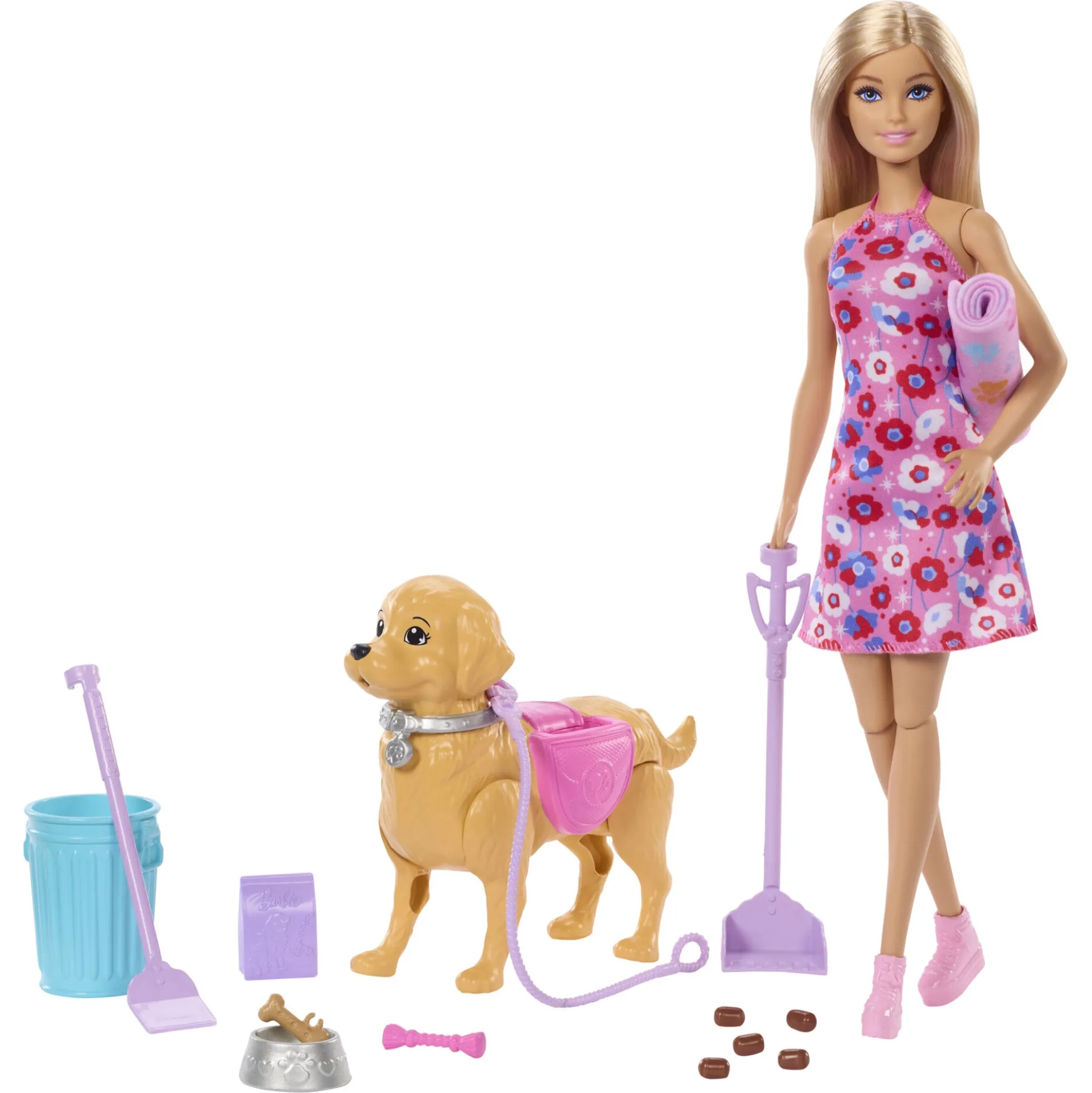 Barbie Malibu med hund der går og går på potte - 14 dele - 30 cm
