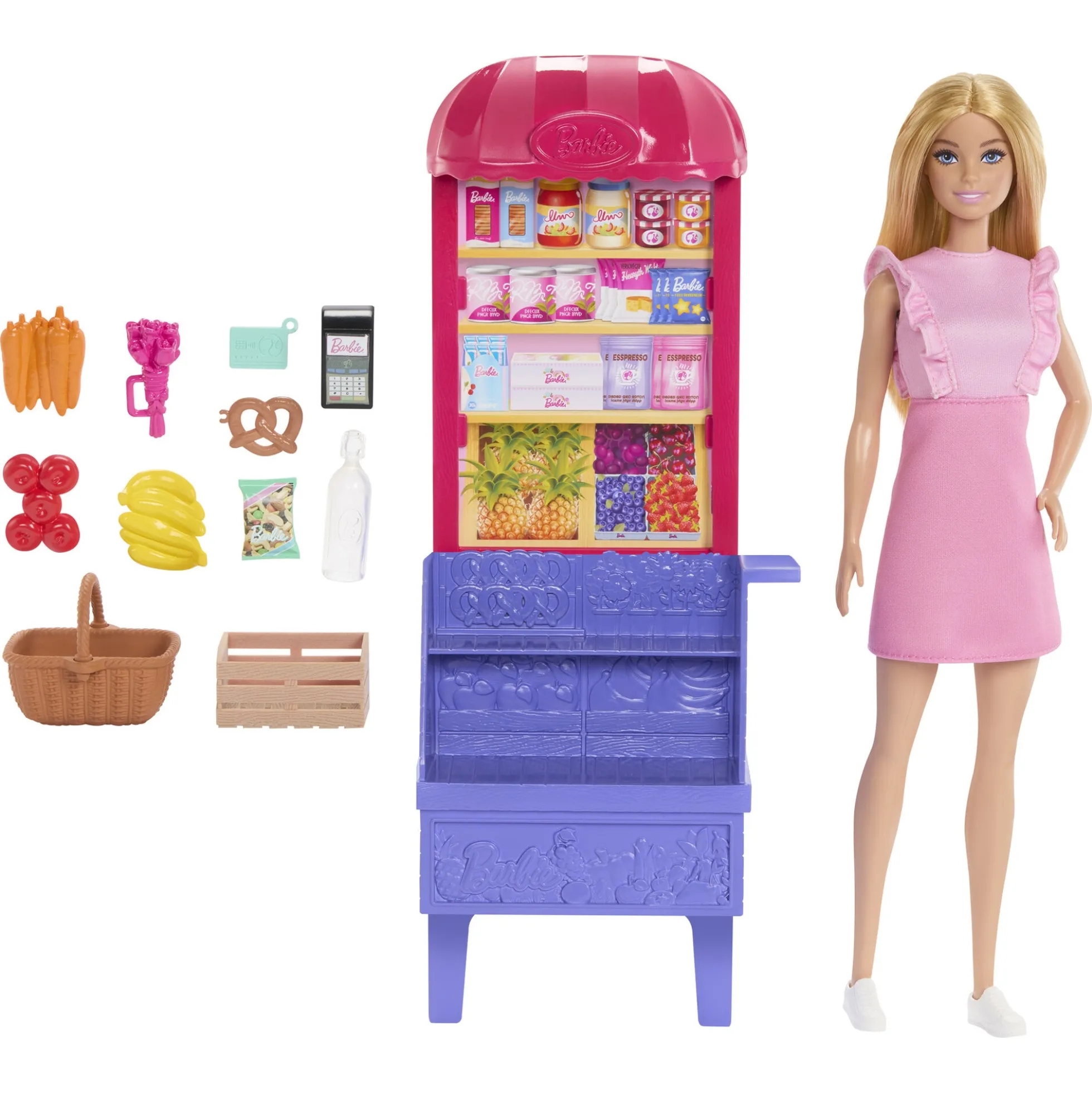 Barbie Malibu med markedsbod, mad og indkøbstilbehør - 11 dele