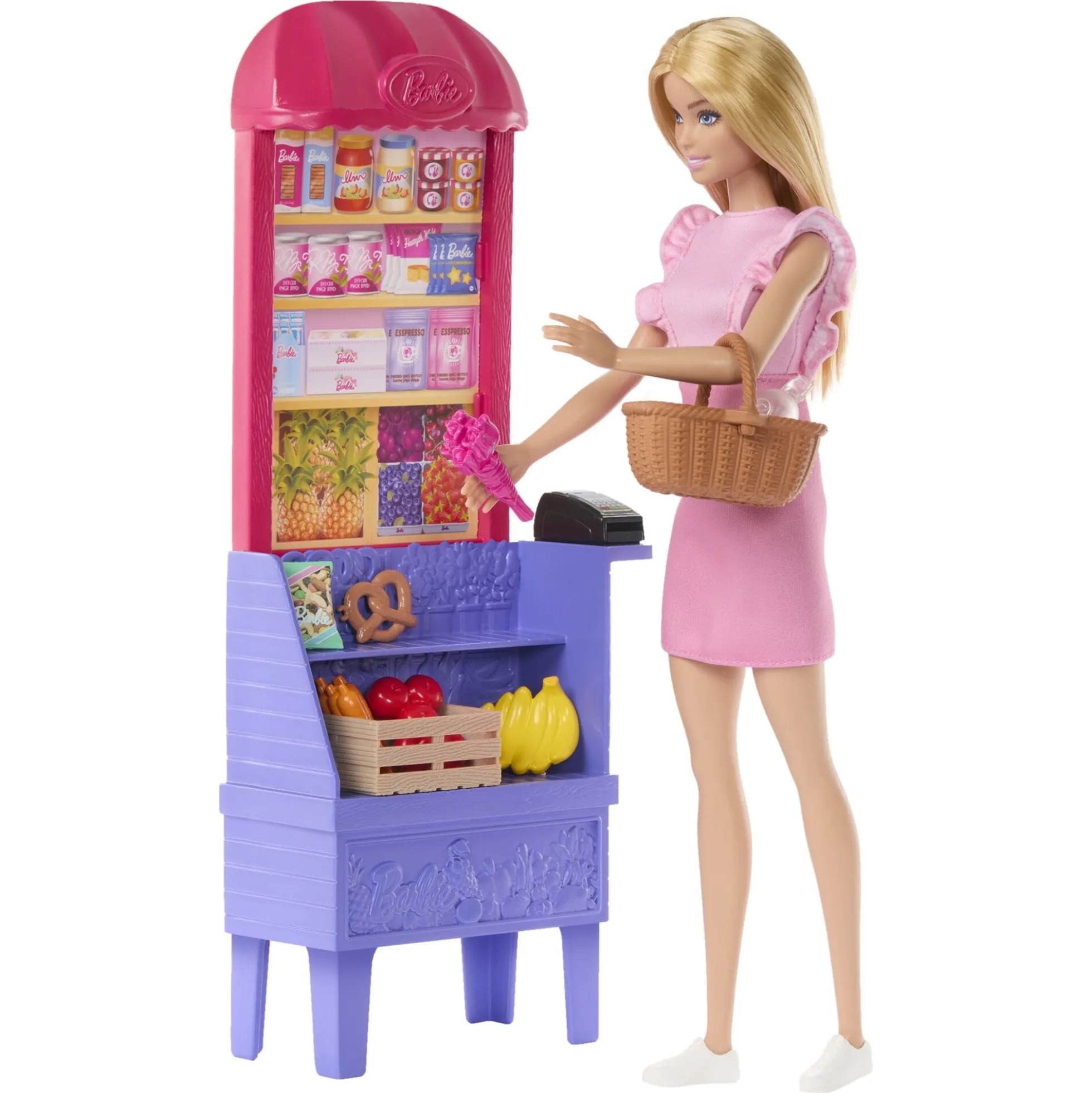 Barbie Malibu med markedsbod, mad og indkøbstilbehør - 11 dele