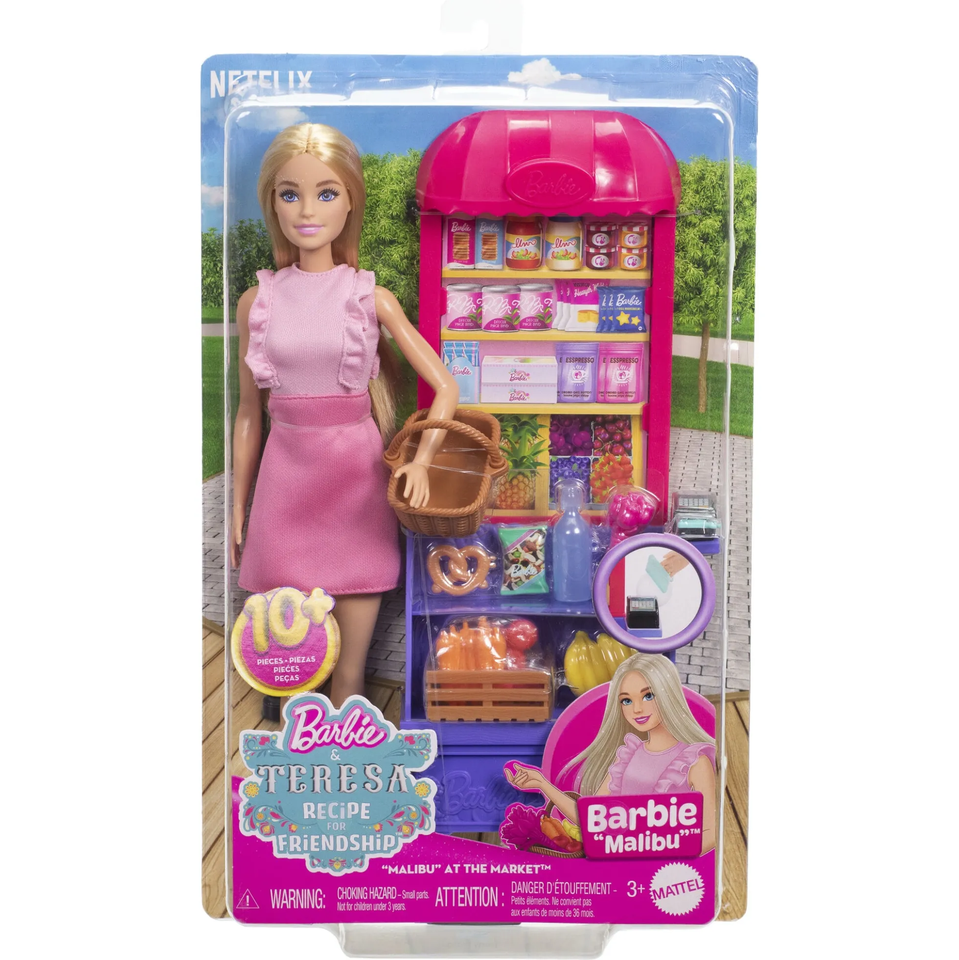 Barbie Malibu med markedsbod, mad og indkøbstilbehør - 11 dele
