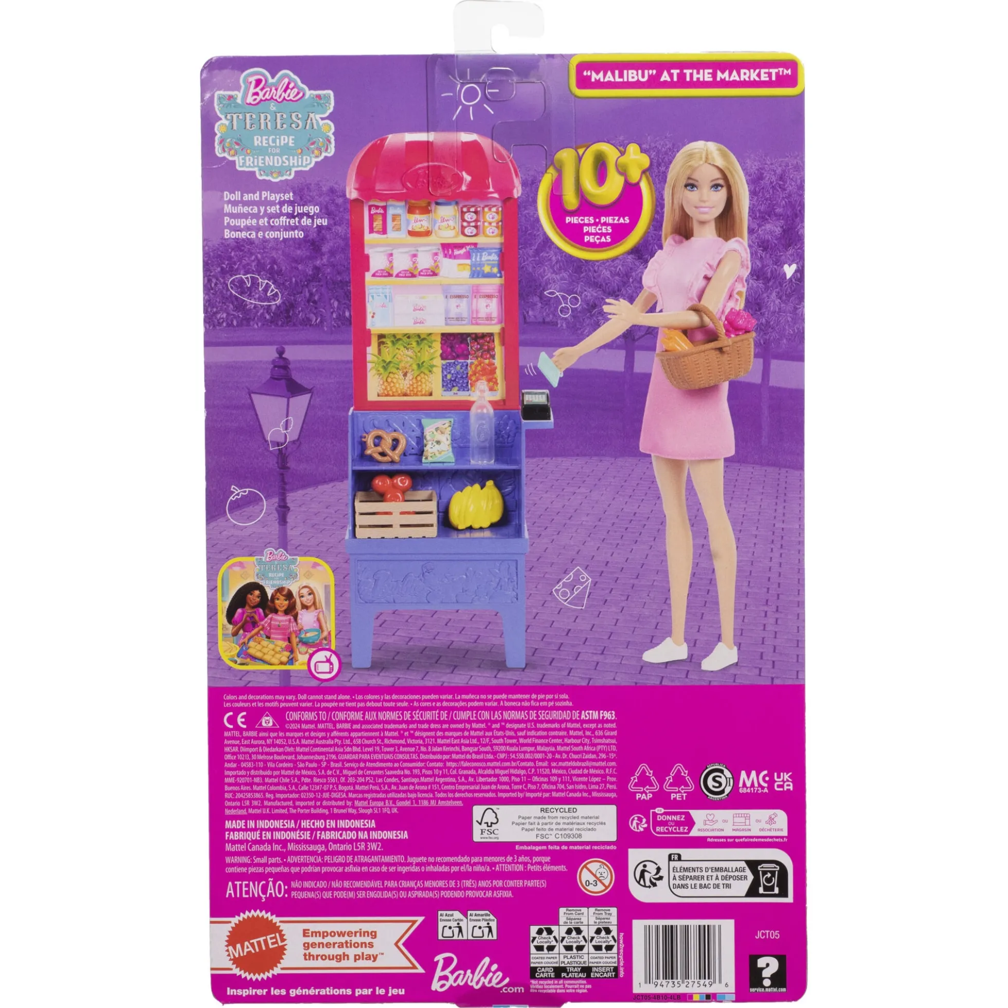 Barbie Malibu med markedsbod, mad og indkøbstilbehør - 11 dele