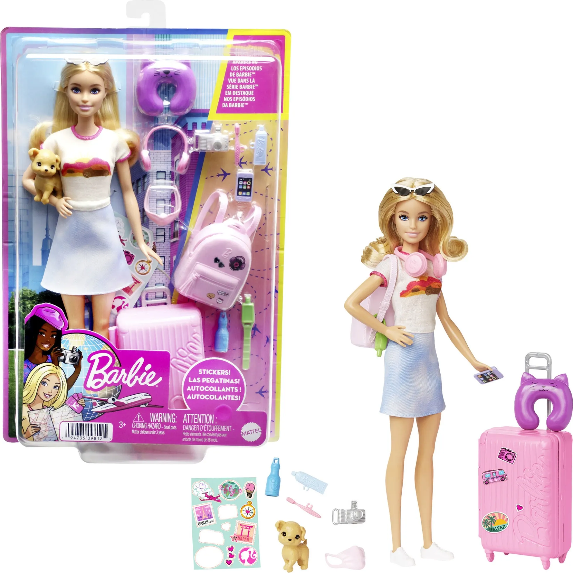Barbie Malibu rejsesæt med hvalp, kuffert og tilbehør - 14 dele - 30 cm