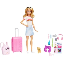 Barbie Malibu rejsesæt med hvalp, kuffert og tilbehør - 14 dele - 30 cm