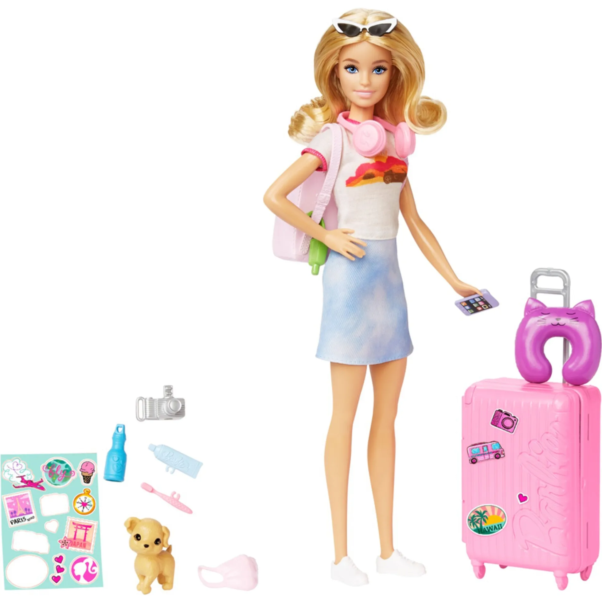 Barbie Malibu rejsesæt med hvalp, kuffert og tilbehør - 14 dele - 30 cm