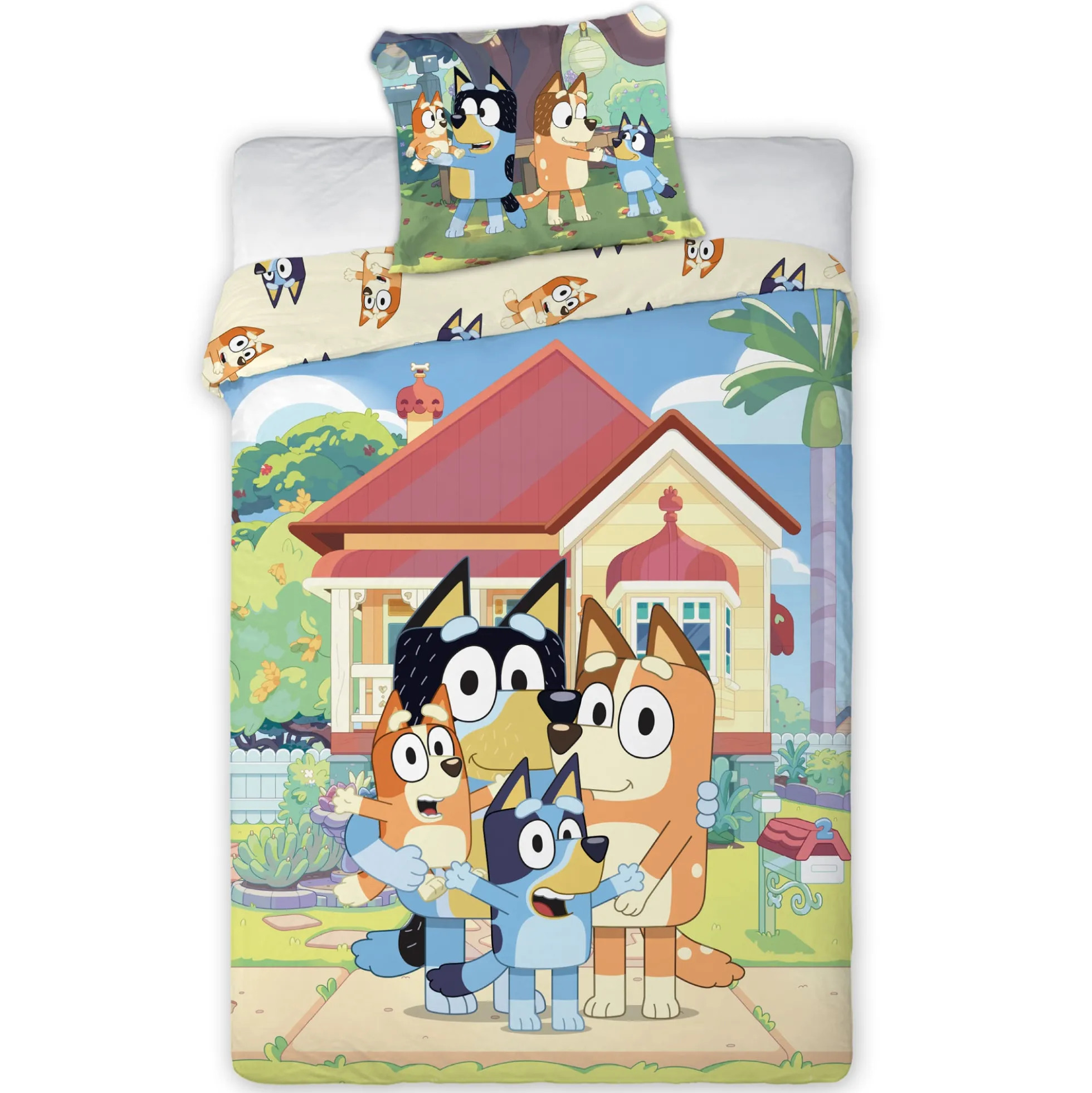 Bluey sengetøj - 100% bomuld - Børnesengetøj 140x200 cm - Bluey og familien - Beige bagside