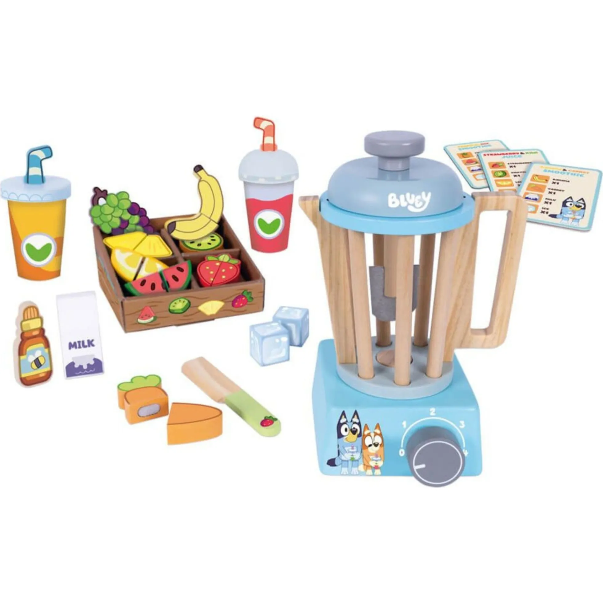 Bluey smoothiesæt i træ med blender og opskriftskort - 30 dele - Legekøkken tilbehør