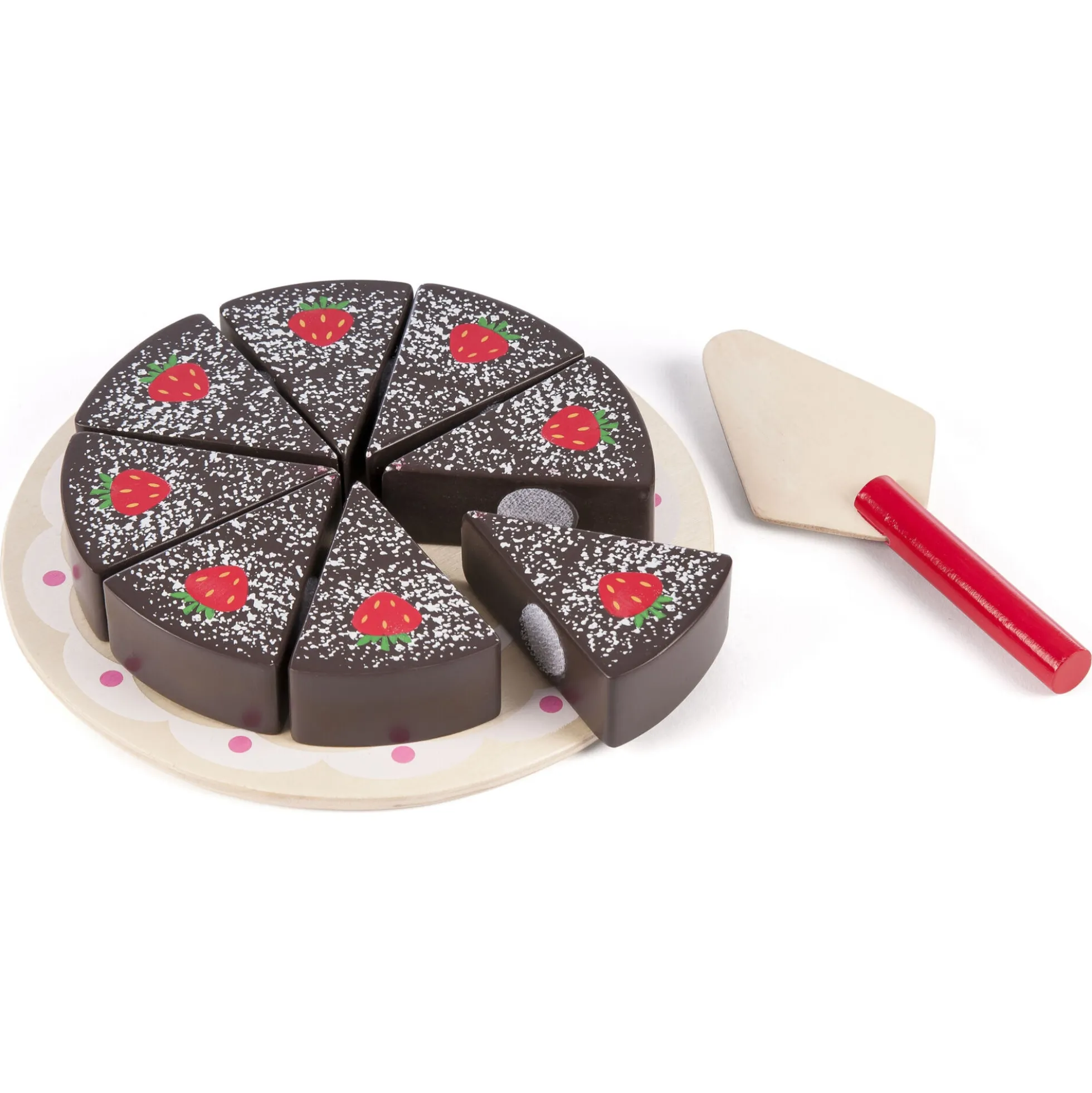 Chokoladekage i træ med velcro, fad og kagespade - køkkenlegetøj - 10 dele