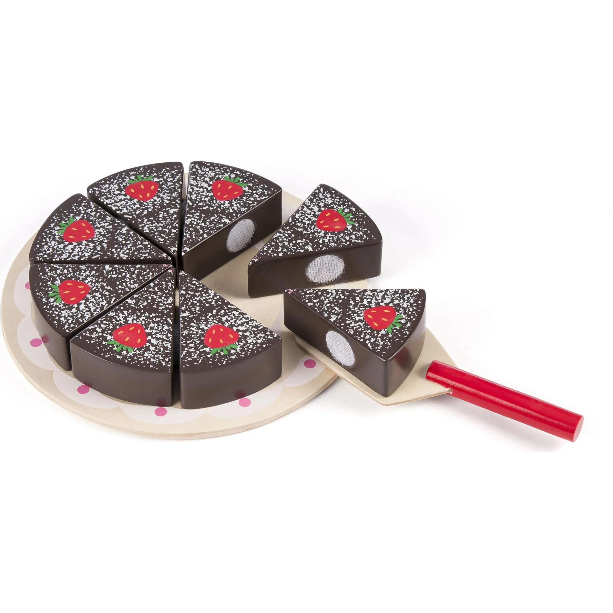 Chokoladekage i træ med velcro, fad og kagespade - køkkenlegetøj - 10 dele