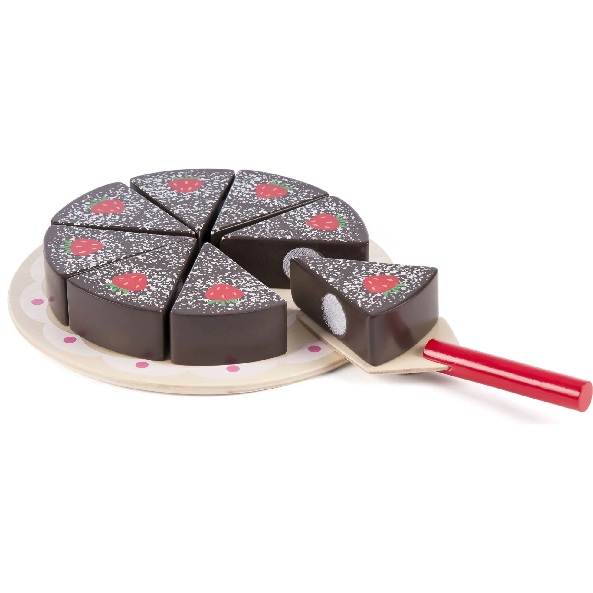 Chokoladekage i træ med velcro, fad og kagespade - køkkenlegetøj - 10 dele