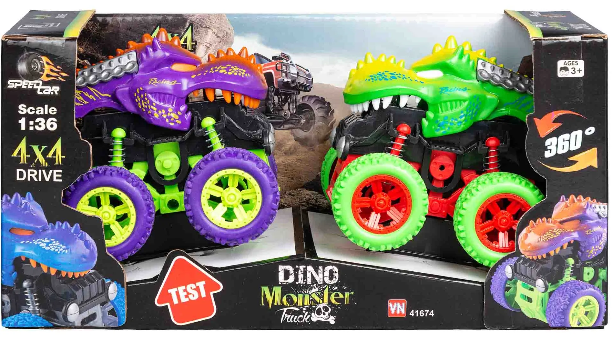 Dinosaur monstertrucks 16x19x13 cm - Sæt med to - Lilla og grøn