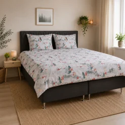 Dobbelt julesengetøj 200x220 cm - 100% bomuld - Gråt med nisse design