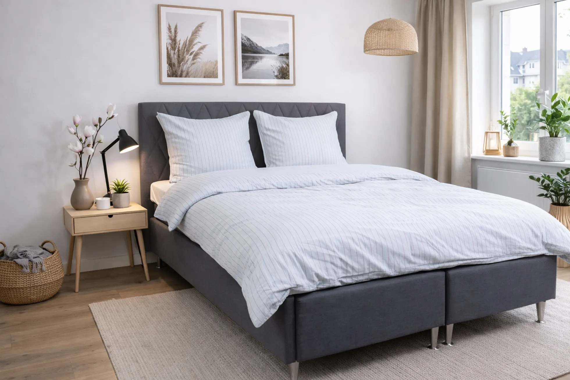 Dobbelt sengetøj 240x220 cm - 100% bomuld - Blå med brune striber
