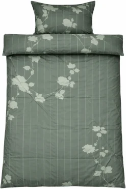 Dobbelt sengetøj 200x220 cm - 100% bomuldssatin - Rosenbloom - Grønt blomstret og stribet print