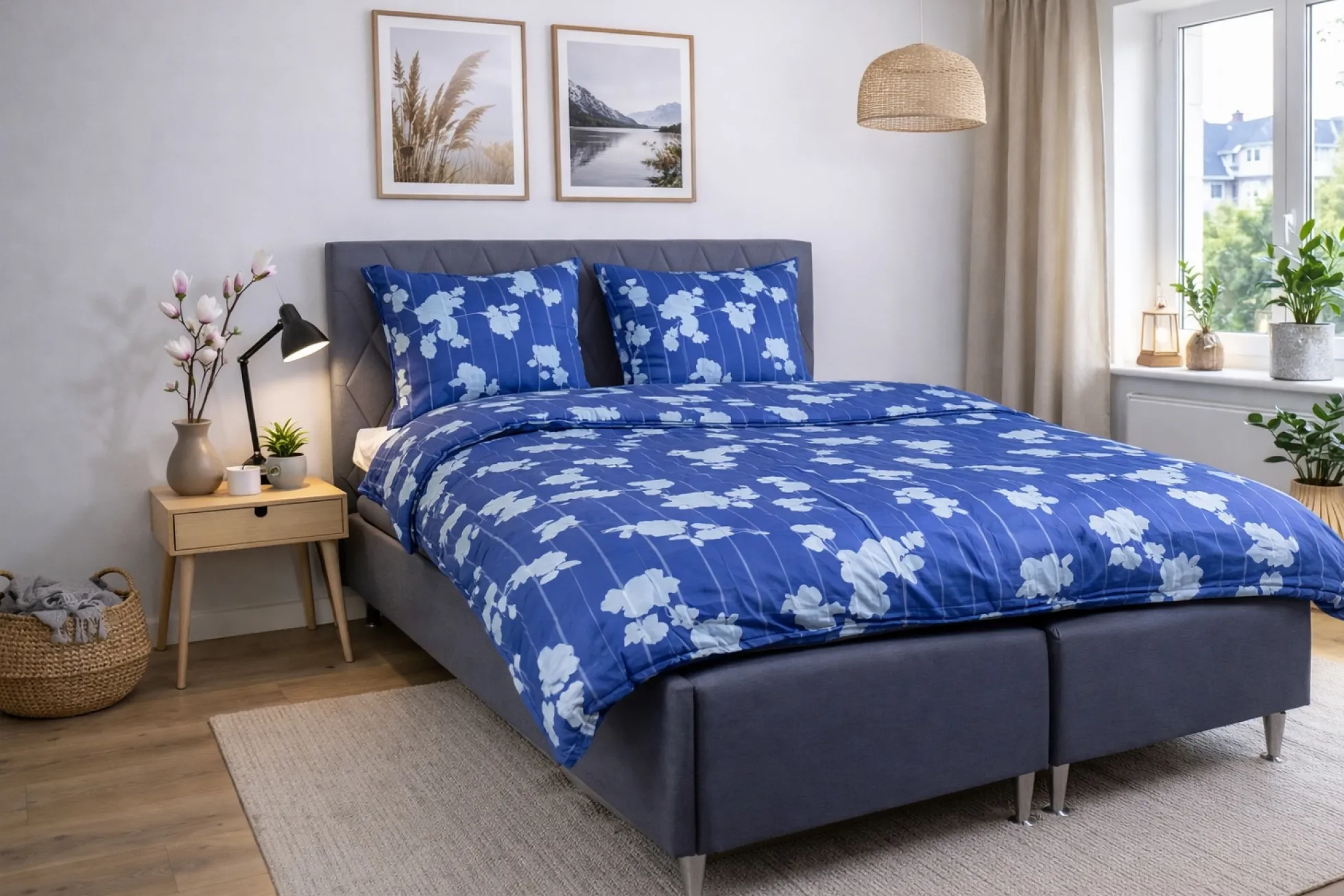 Dobbelt sengetøj 200x220 cm - 100% bomuldssatin - Rosenbloom - Blåt blomstret og stribet print