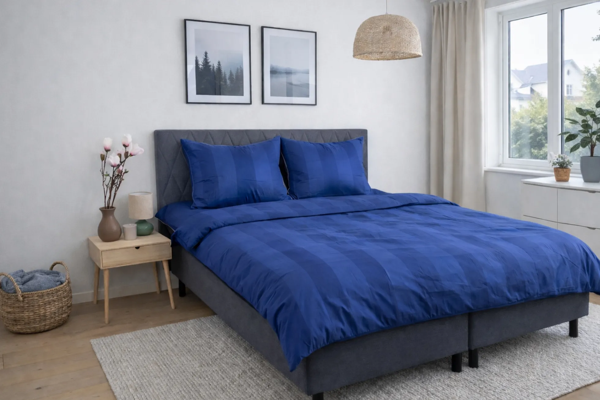 Dobbelt sengetøj 200x220 cm - 100% bomuldssatin - Diana - Blå jacquardvævet striber