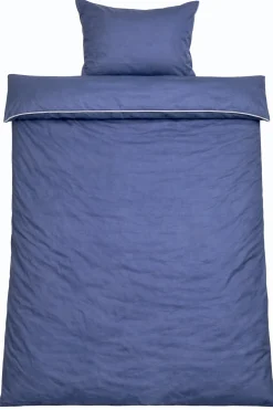 Dobbelt sengetøj 200x220 cm - 100% bomuldssatin - Blå med lyseblå pipingkant