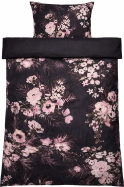 Dobbelt sengetøj 240x220 cm - 100% bomuldssatin - Vendbart gråt blomster print og prikker