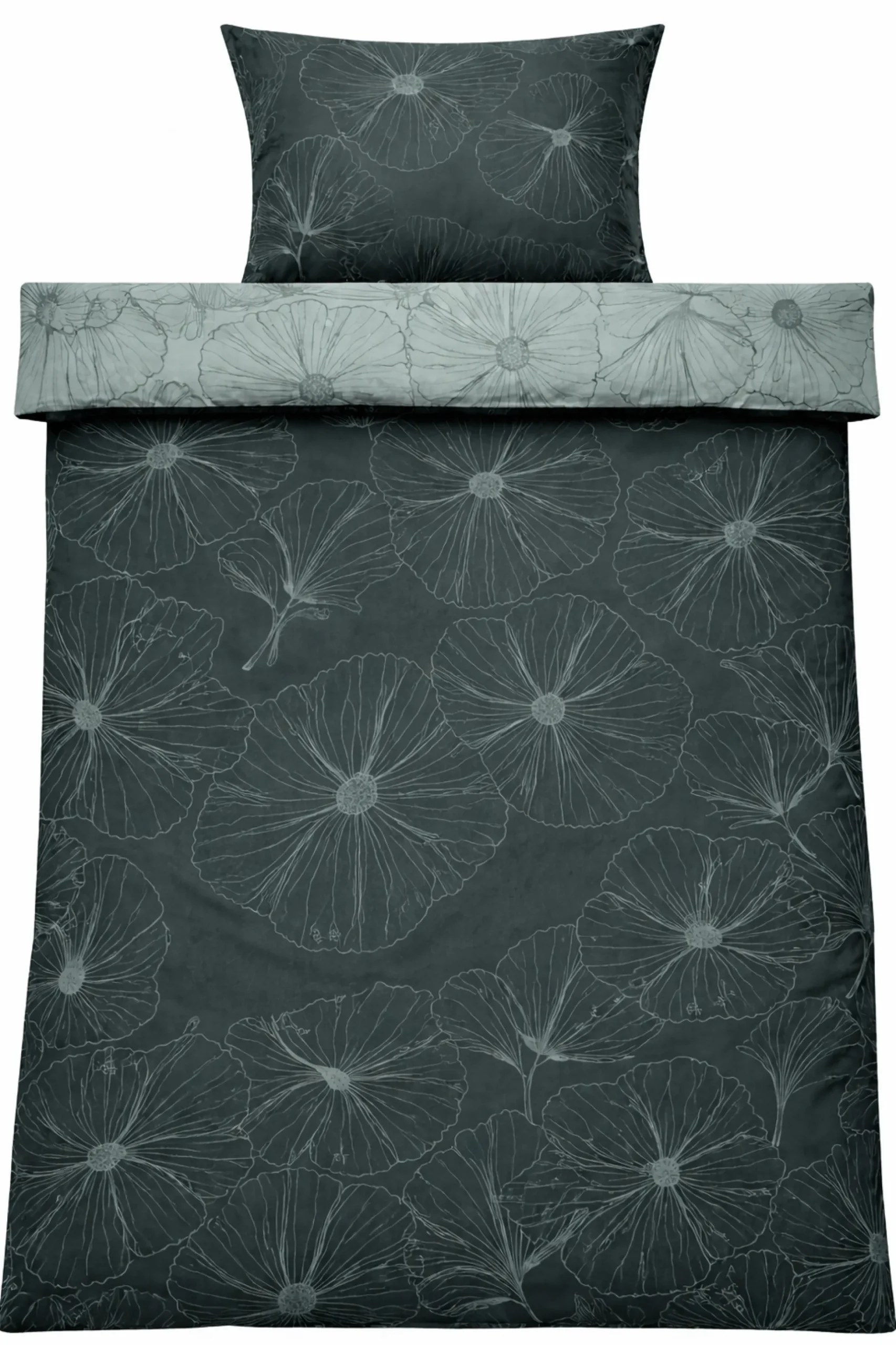 Dobbelt sengetøj 240x220 cm - Bomuldssatin - Big Flower green - Vendbart blomster print