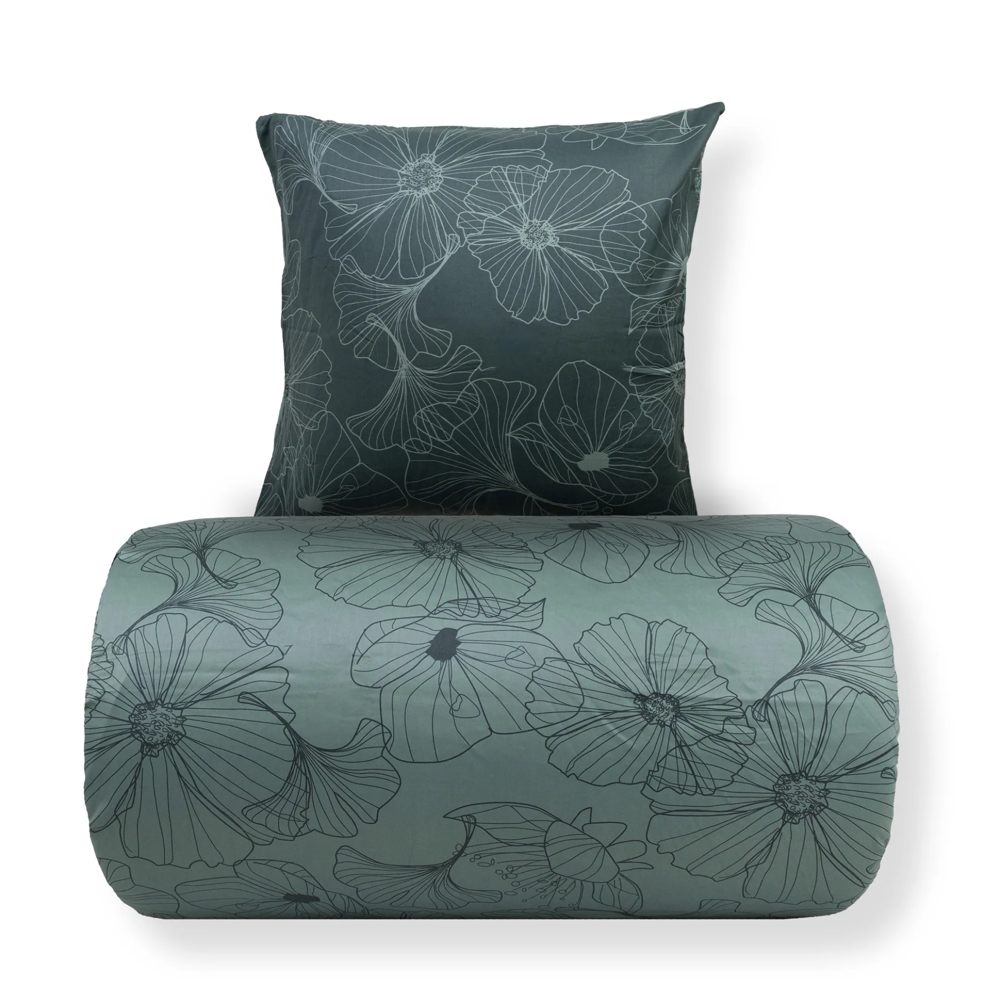 Dobbelt sengetøj 200x220 cm - Bomuldssatin - Big Flower green - Vendbart blomster print