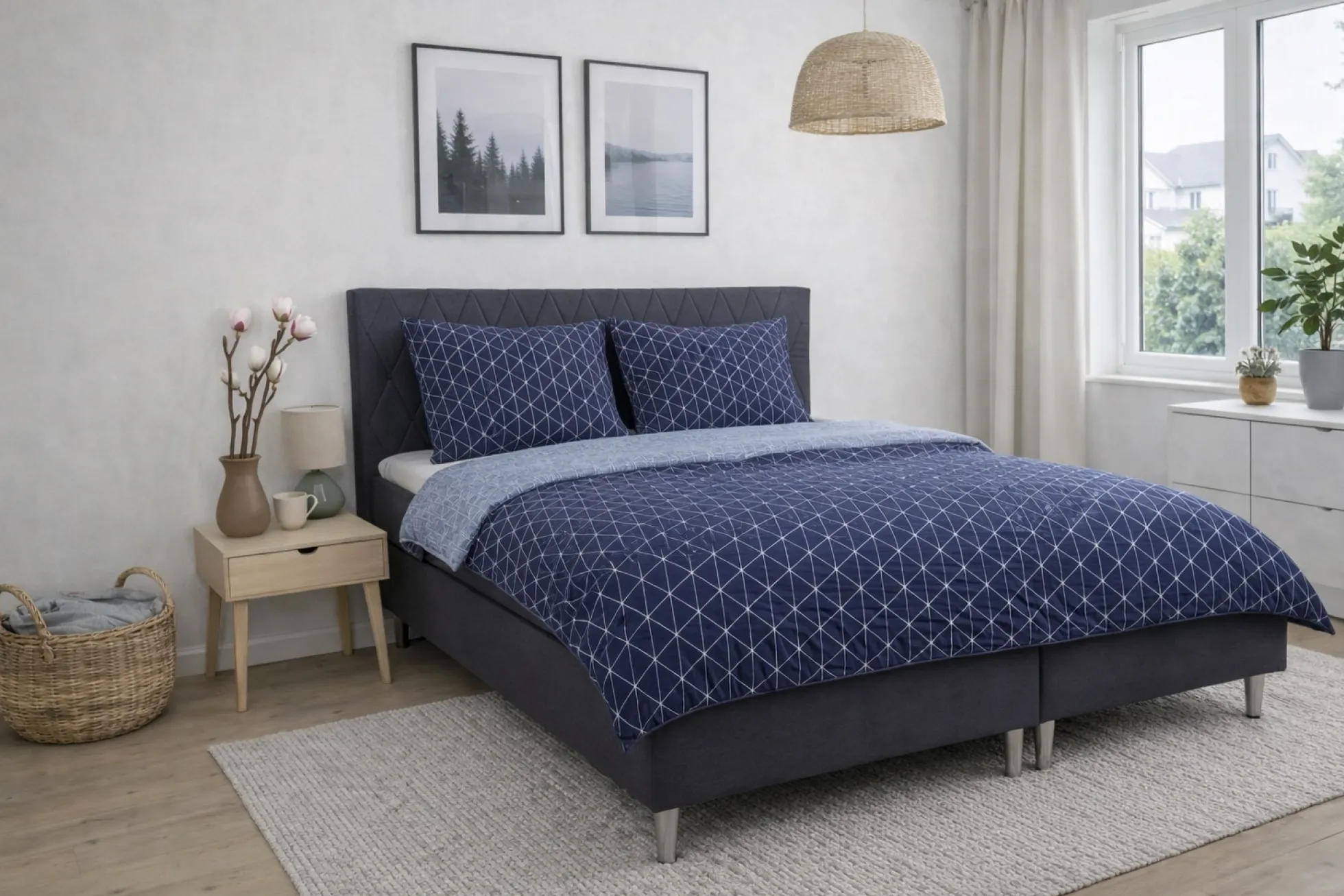 Dobbelt sengetøj 240x220 cm - 100% Bomuld - Vendbart med blåt harlequin design