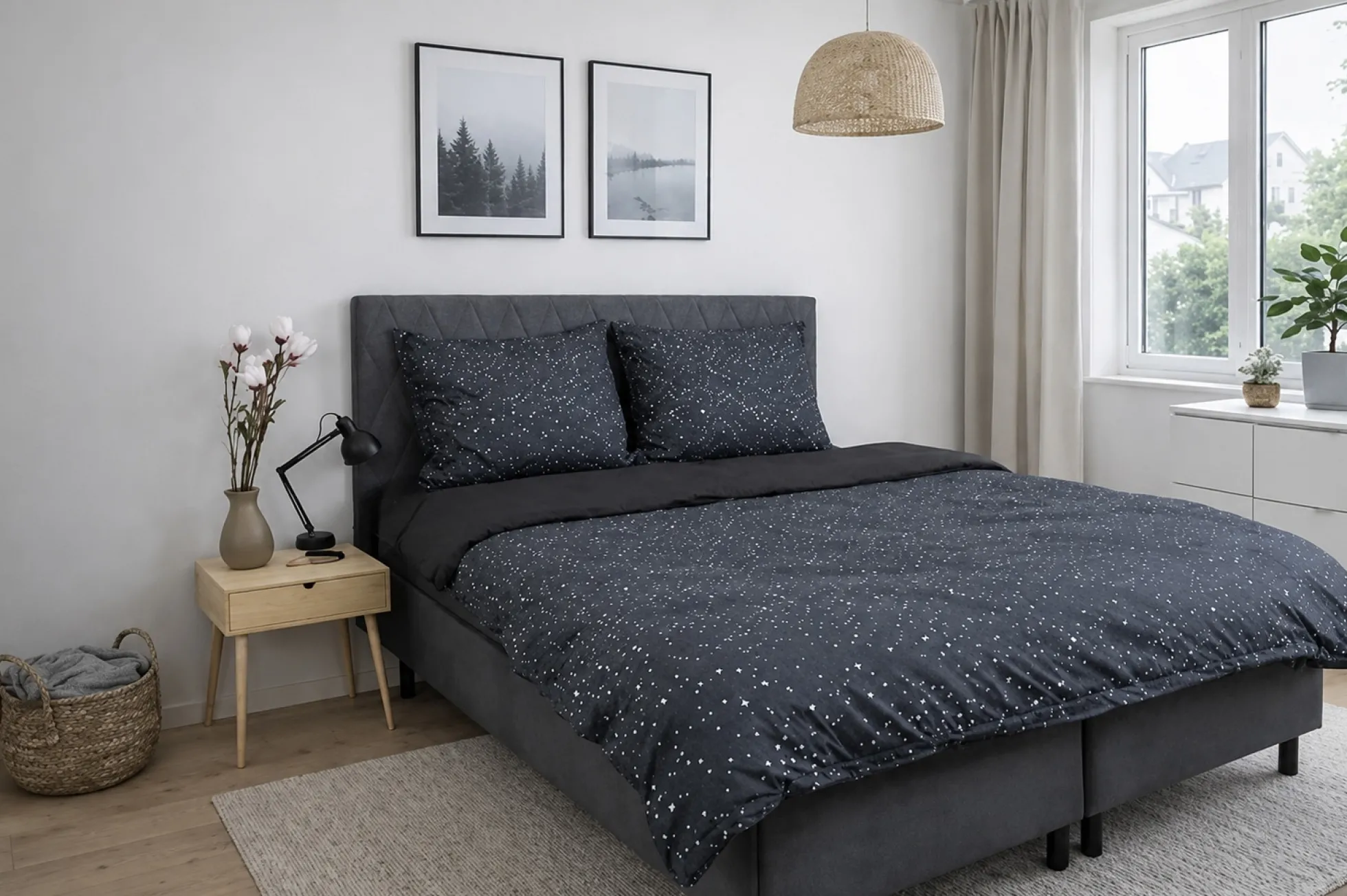 Dobbelt sengetøj 240x220 cm - 100% Bomuld - Zodiac black - Vendbart med stjerner