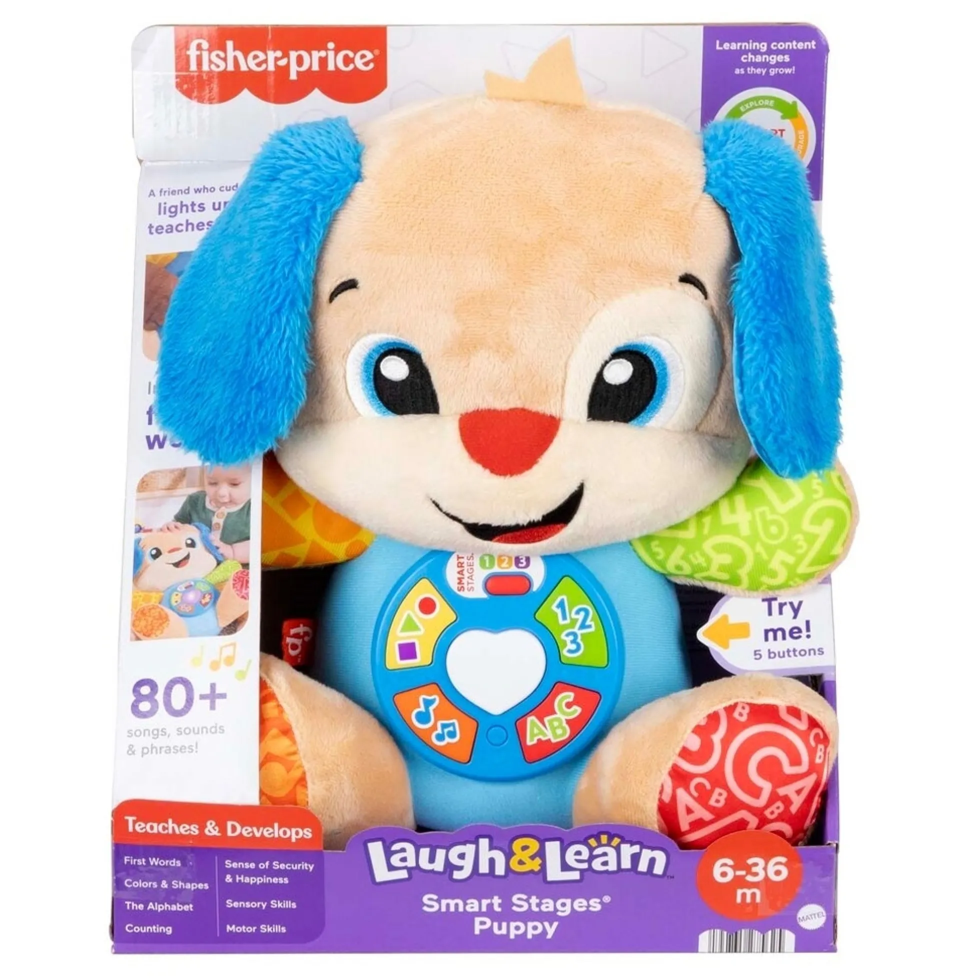Fisher-Price Laugh & Learn Smart Stages Hvalp musikbamse med 80+ lyde og sange - 30 cm