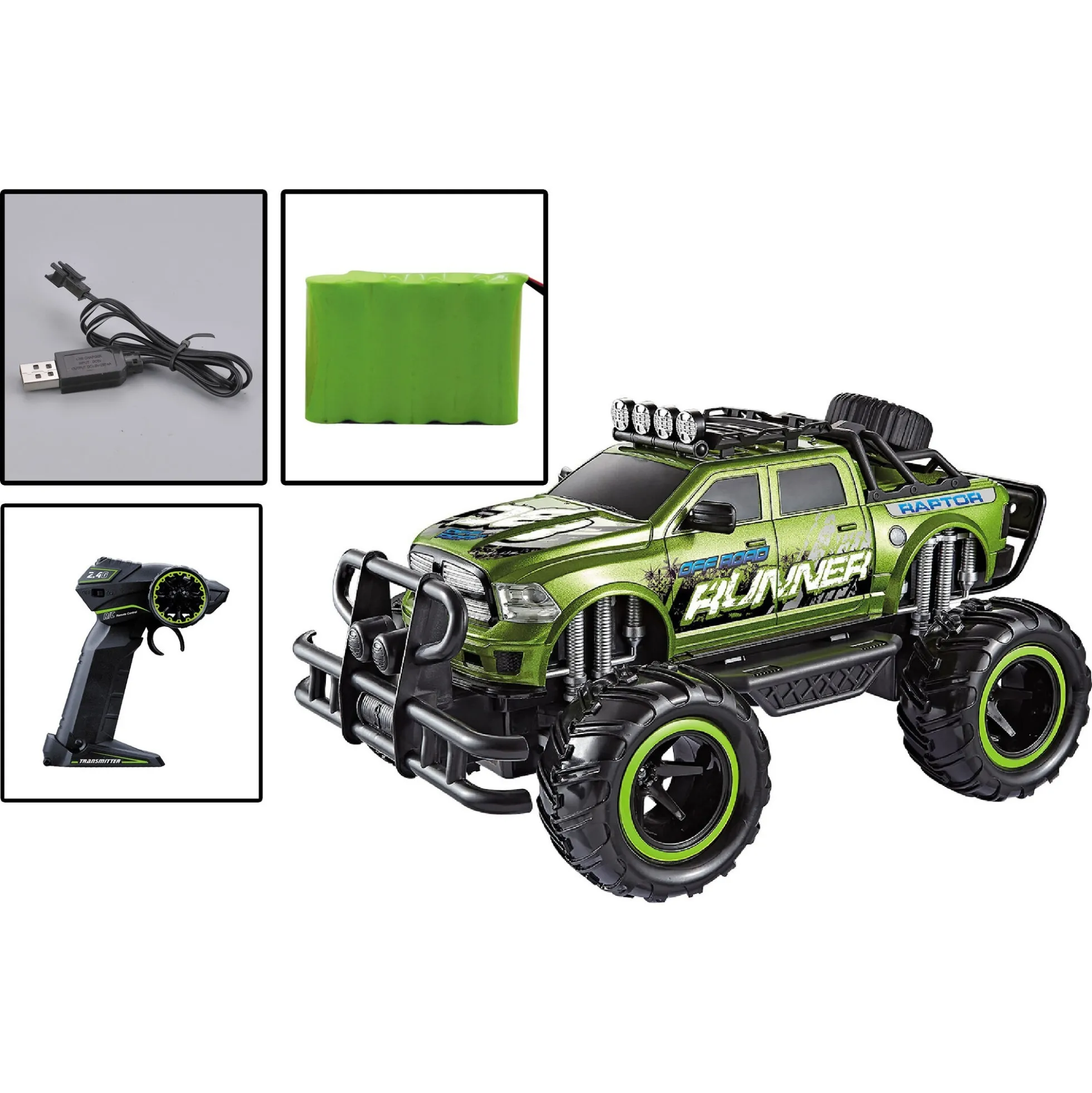 Fjernstyret Raptor Runner offroad bil med genopladeligt batteri - Grøn - 1:12