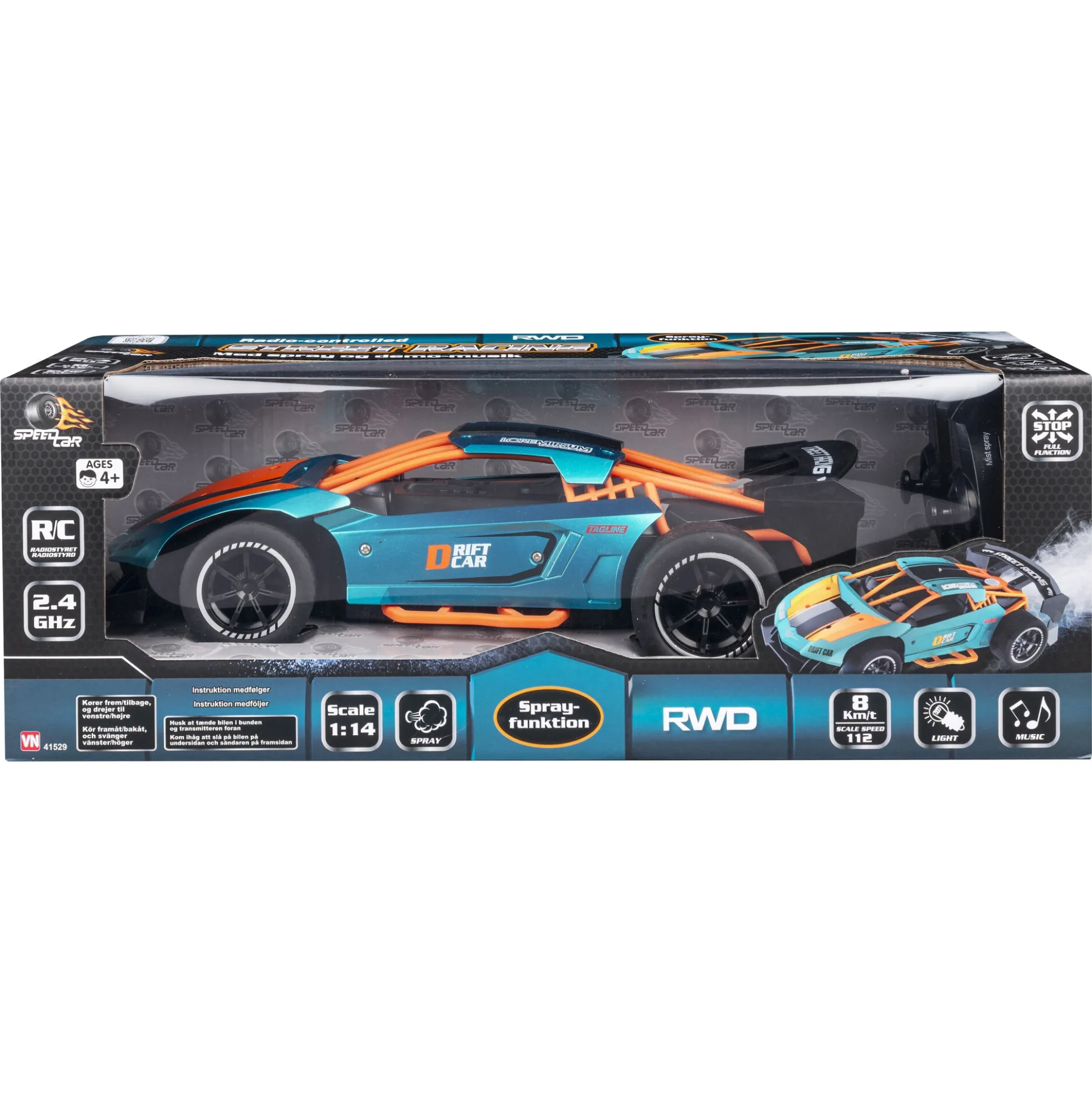 Fjernstyret street racer med drift, røg, lys og lyd - 2.4 GHz styring - 1:14