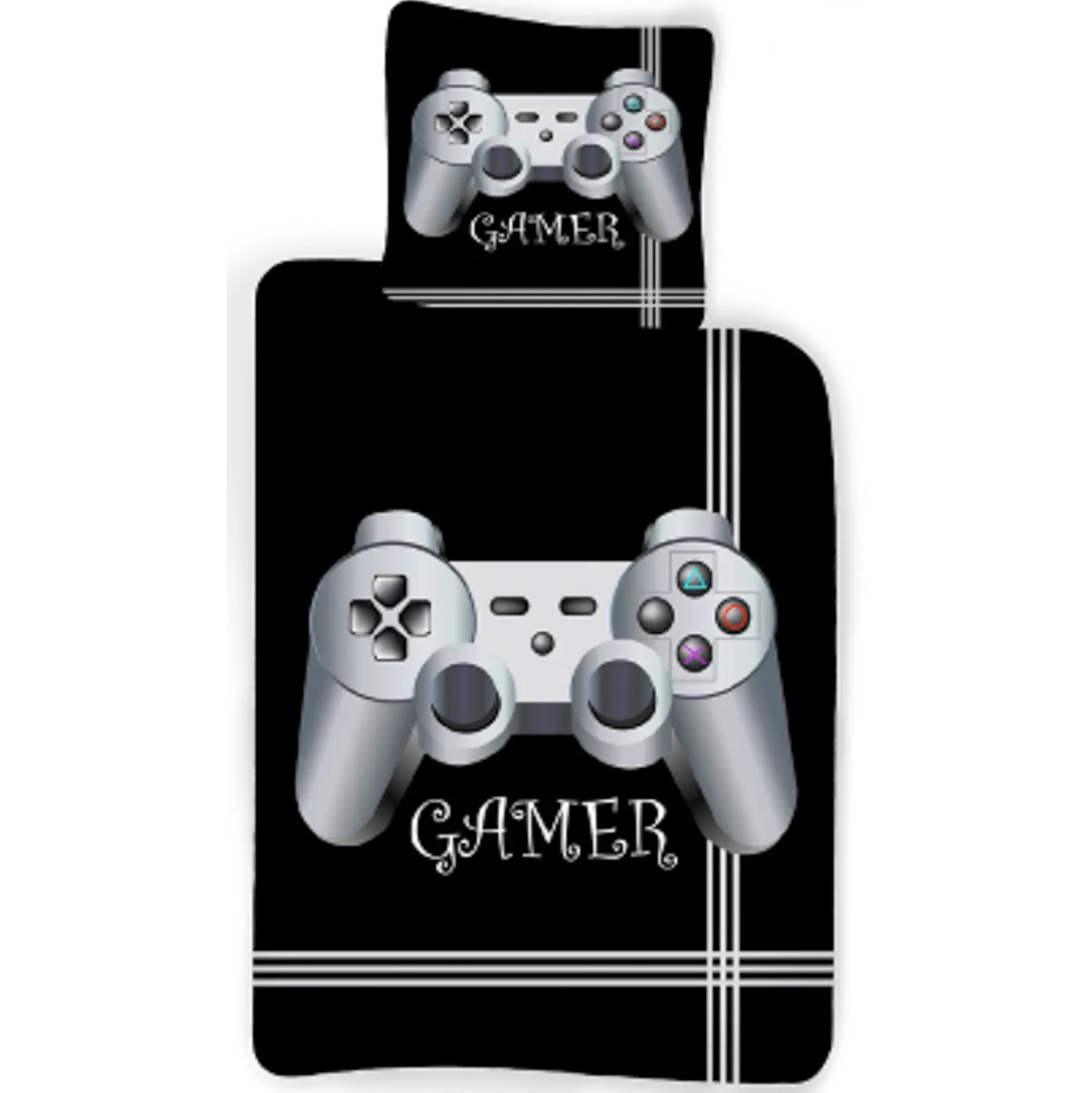 Gamer sengetøj - 100% bomuld - Børnesengetøj 140x200 cm - Sort sengetøj med controller