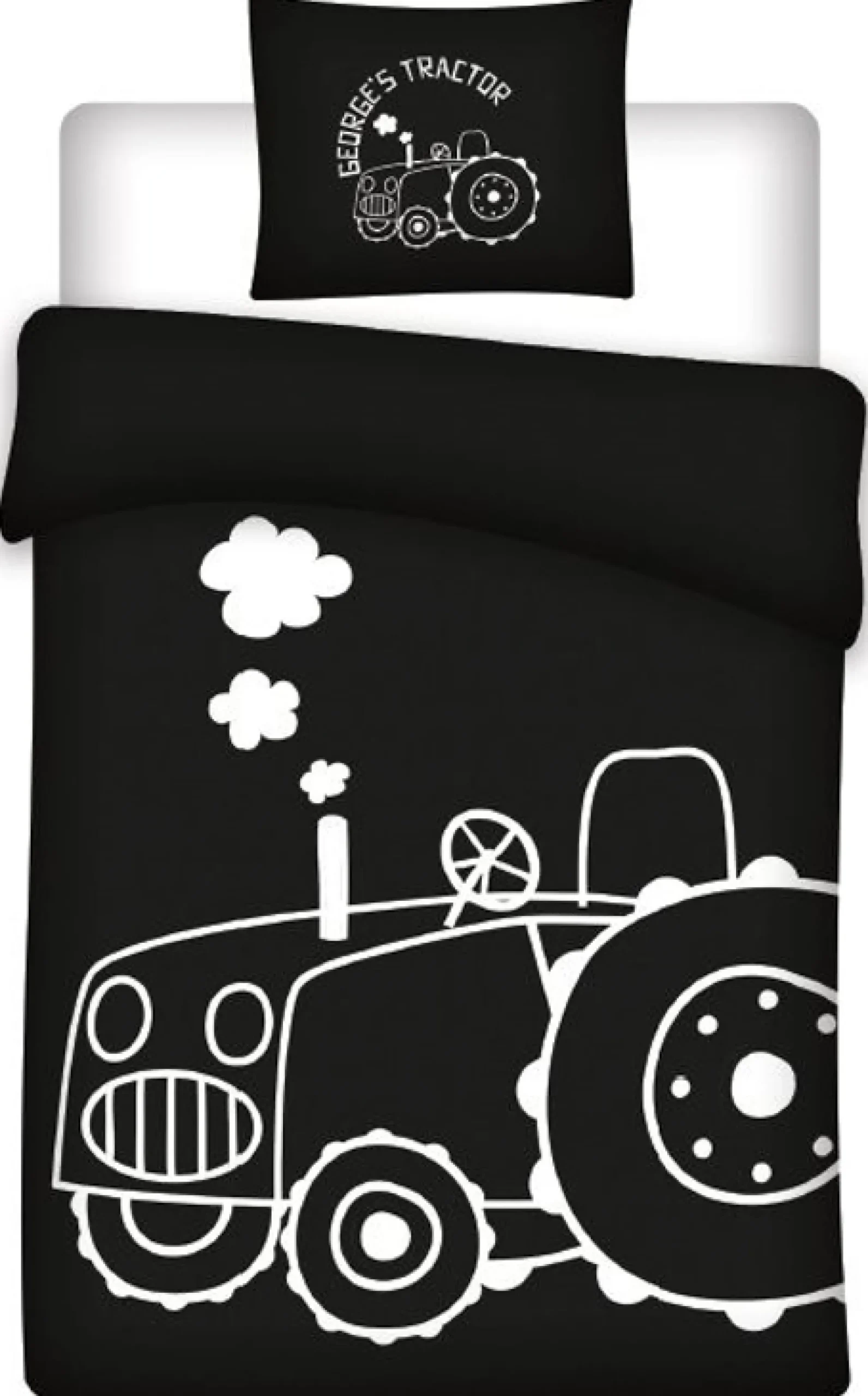 Gustav Gris sengetøj - 100% bomuld - Børnesengetøj 140x200 cm - Glow in the dark - Gustav Gris kører traktor