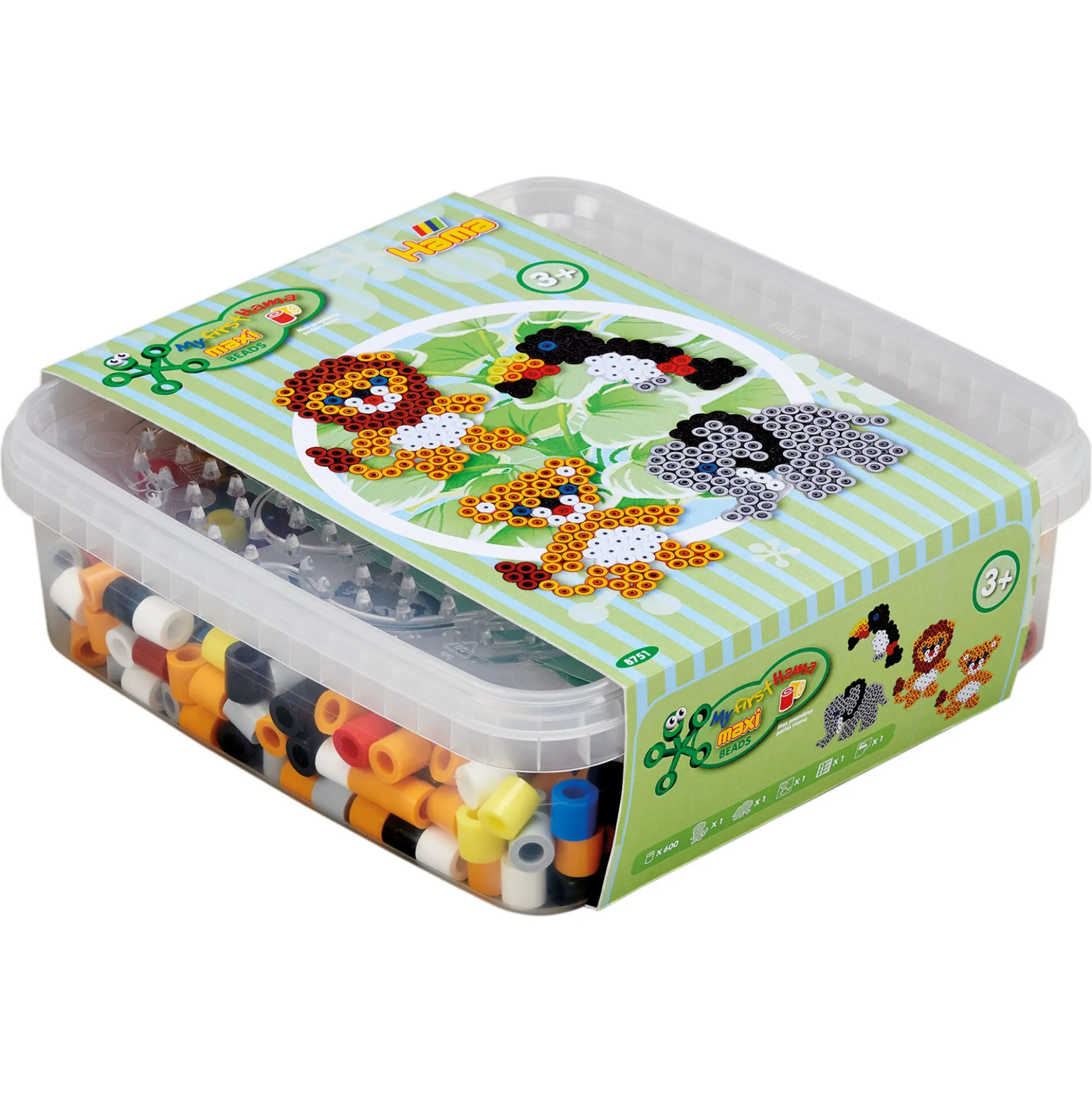 Hama Maxi perlesæt i bøtte - 600 perler og 1 stiftplade - Vilde dyr