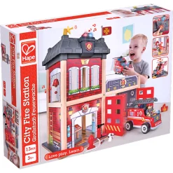 Hape City brandstation i træ med lys, lyd, brandbil og helikopter - 13 dele - 60x30x47,8 cm