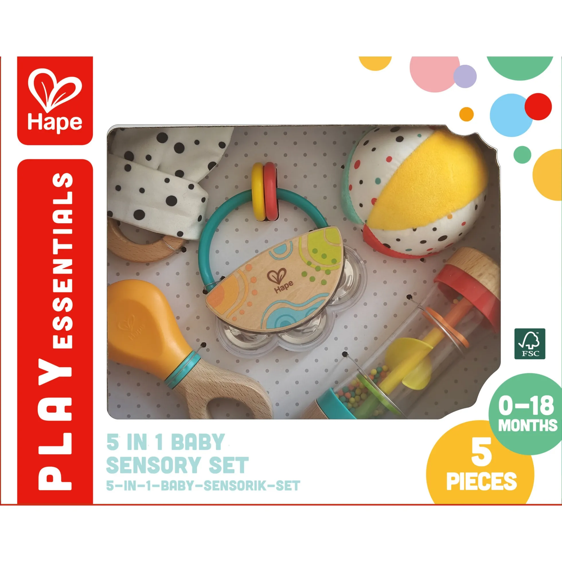 Hape 5-i-1 sanselegesæt til baby - rangle, bold og rainmaker - fra 0 mdr.