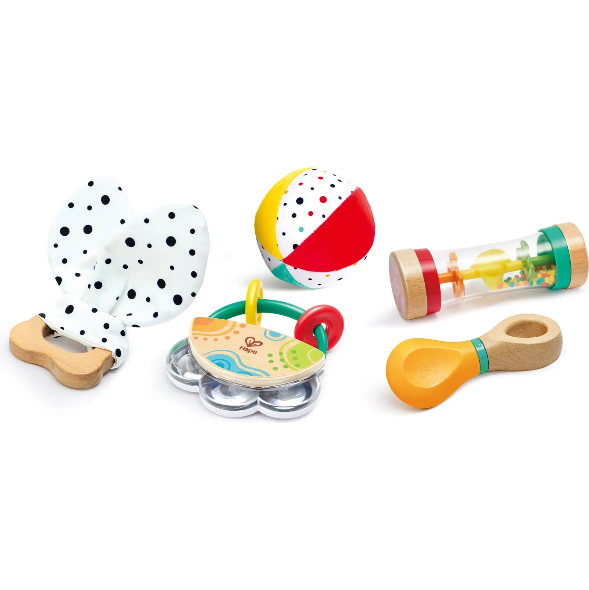 Hape 5-i-1 sanselegesæt til baby - rangle, bold og rainmaker - fra 0 mdr.