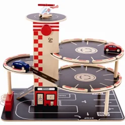 Hape Park & Go parkeringshus i træ med lift, biler og helikopter - 37,4x30x30 cm
