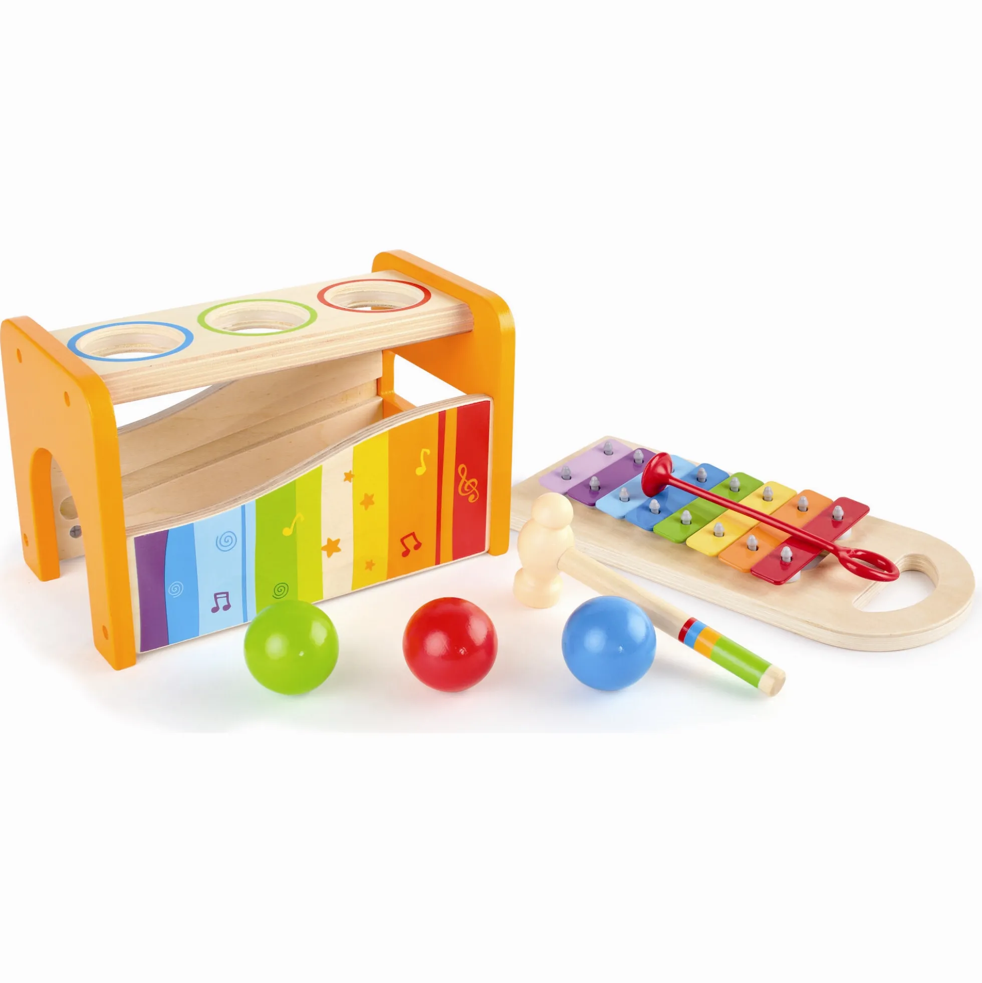 Hape slå- og xylofonbænk i træ med hammer, bolde og udtrækkelig xylofon - fra 12 mdr.