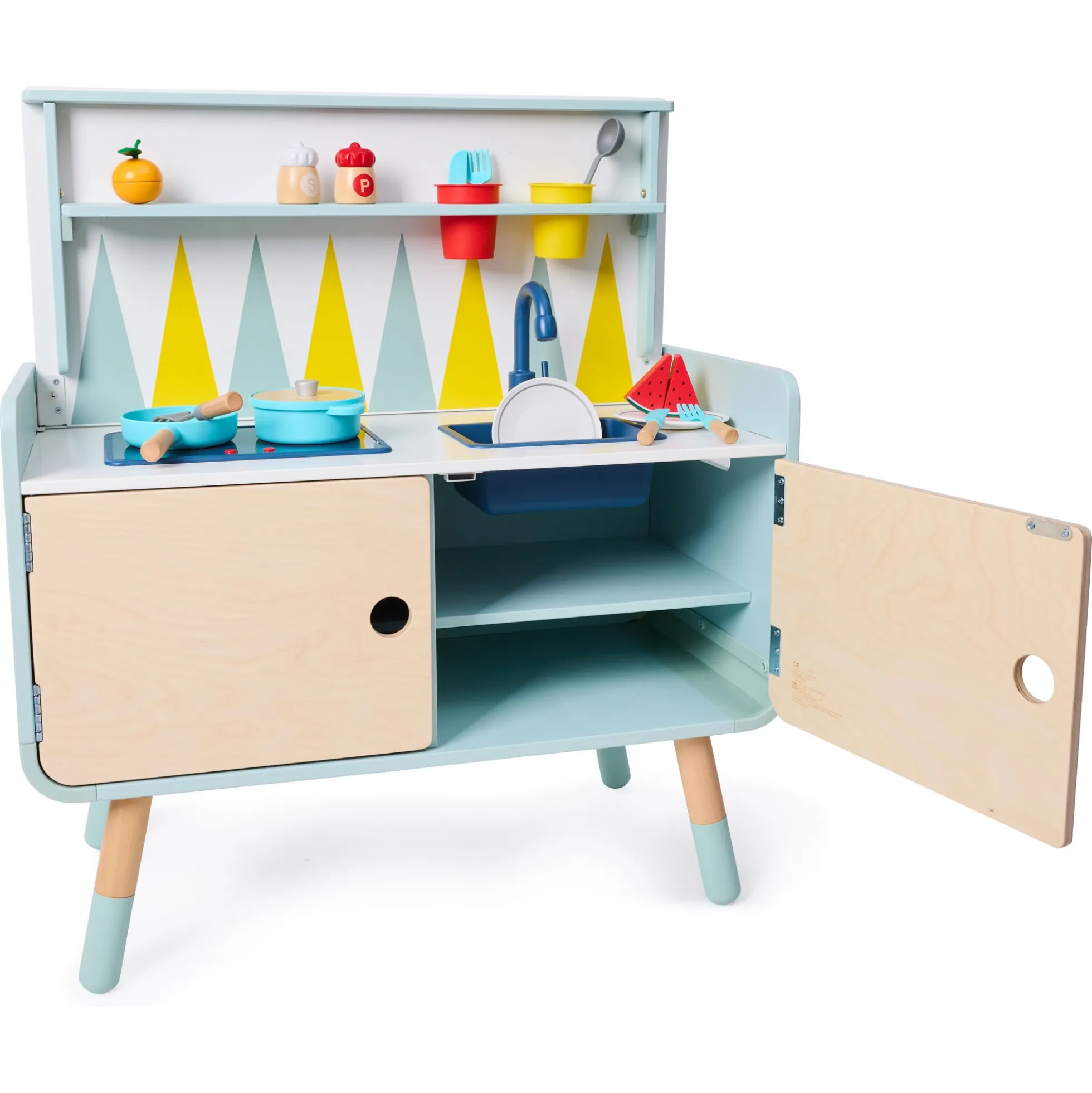 Hape Switch & Store legekøkken med opbevaring, lys, og lyd - 20 dele - 78x86,6x39 cm
