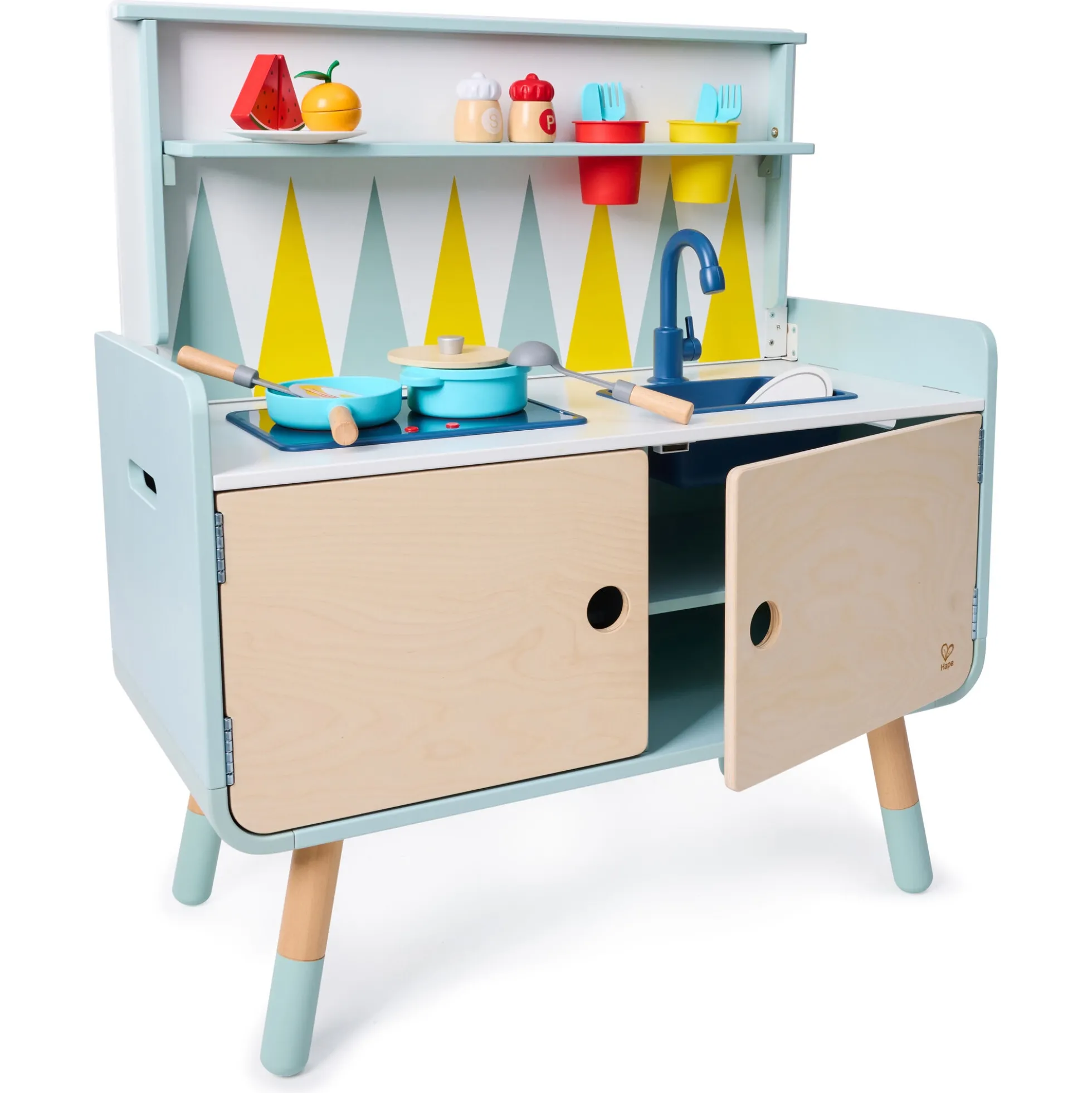 Hape Switch & Store legekøkken med opbevaring, lys, og lyd - 20 dele - 78x86,6x39 cm