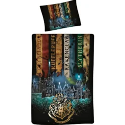 Harry Potter sengetøj - 100% bomuld - Børnesengetøj 140x200 cm - Hogwarts fire kollegier