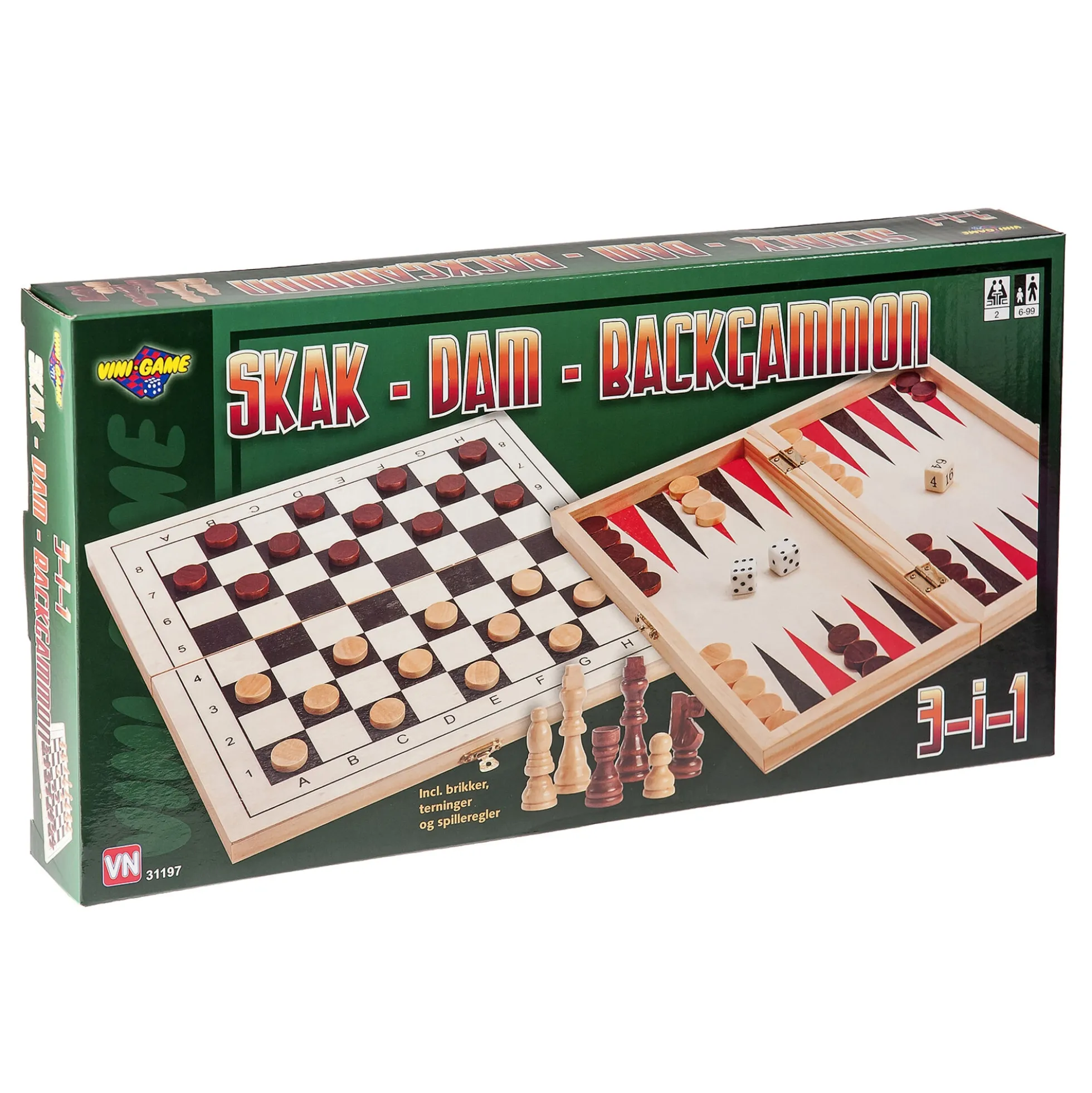 3-i-1 brætspil i træ med skak, dam og backgammon - 30x30 cm