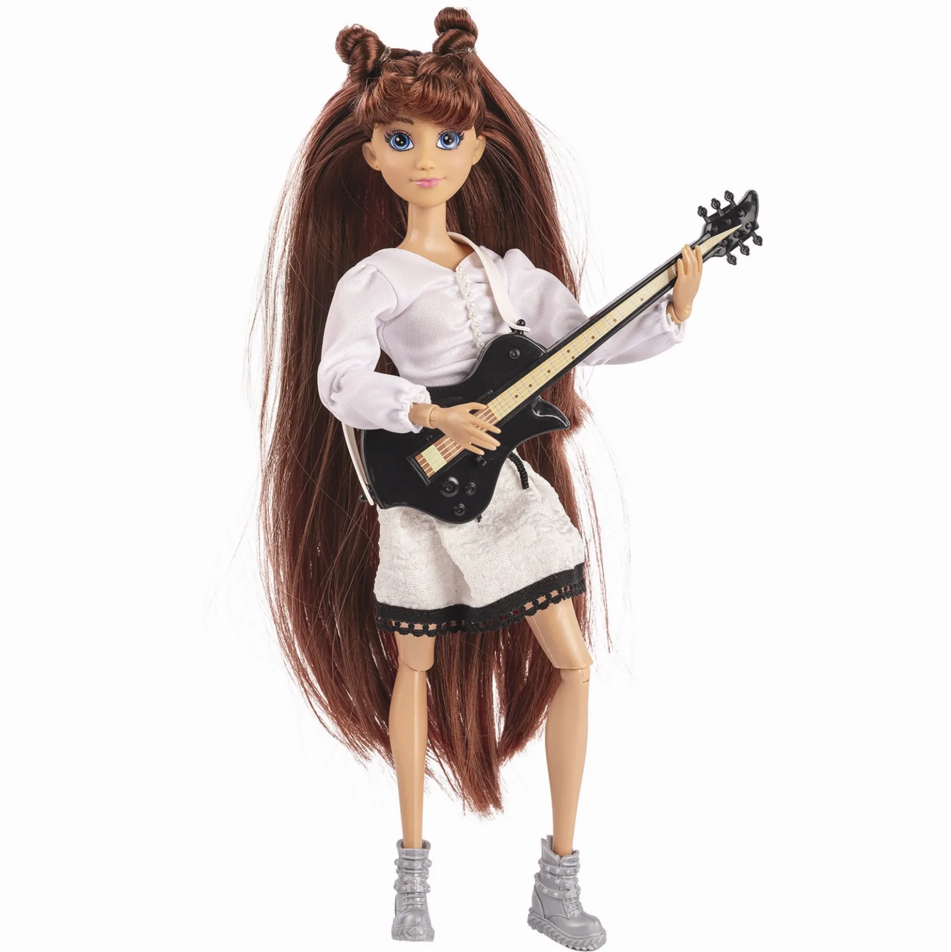 Judith J-Rock rockstardukker med brunt hår, guitar og mikrofon - 3 dukker - 29 cm