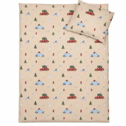 Julesengetøj - 100% bomuld - Babysengetøj 70x100 cm - Beige med biler og juletræer