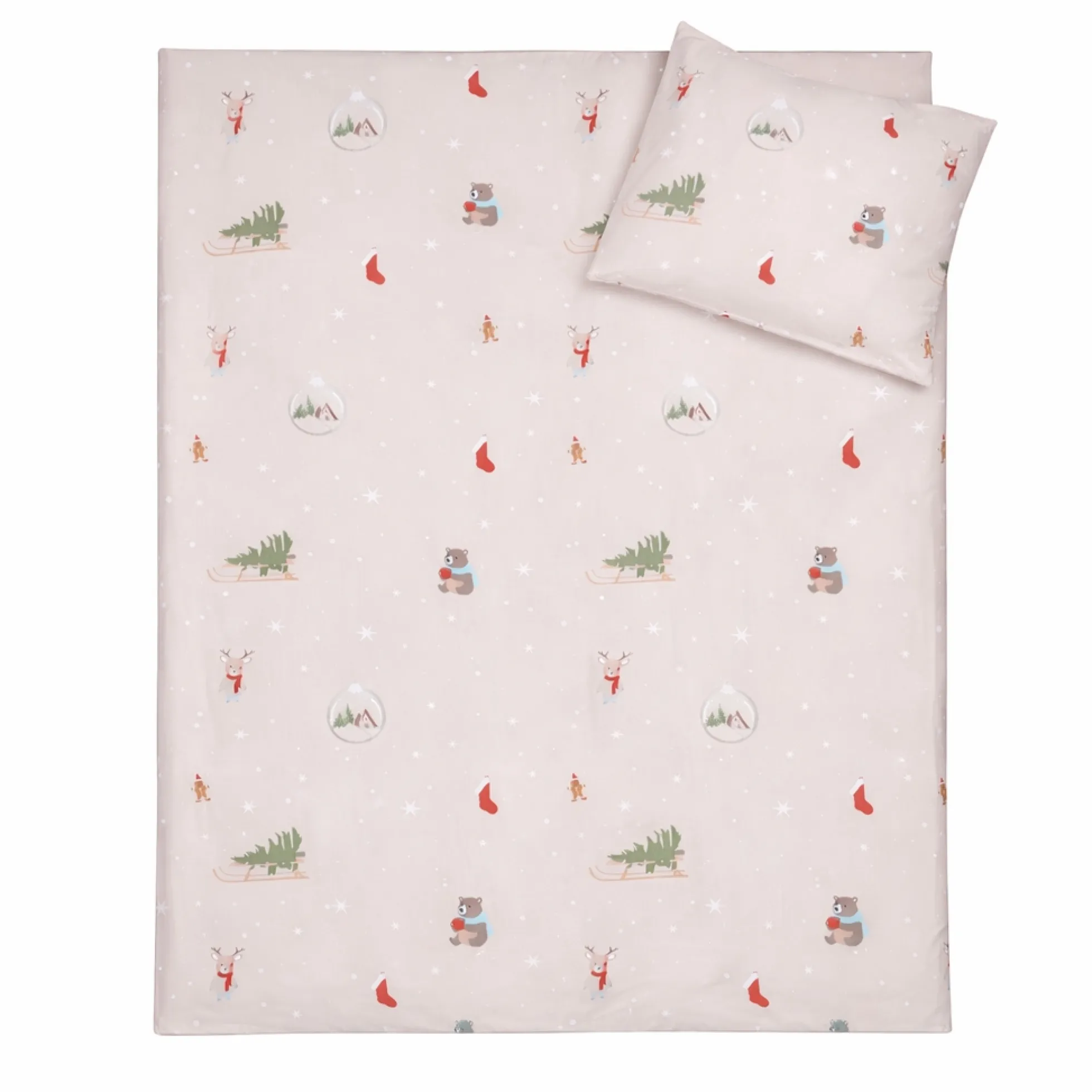 Julesengetøj - 100% bomuld - Junior sengetøj 100x140 cm - Beige med juleikoner