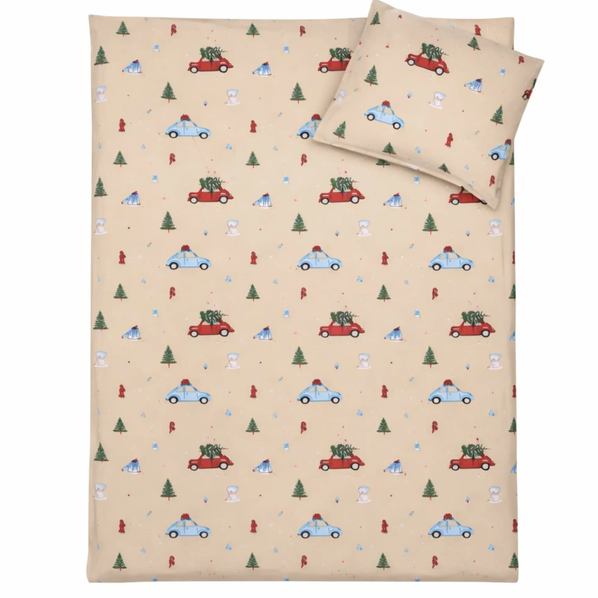 Julesengetøj - 100% bomuld - Junior sengetøj 100x140 cm - Beige med biler og juletræer